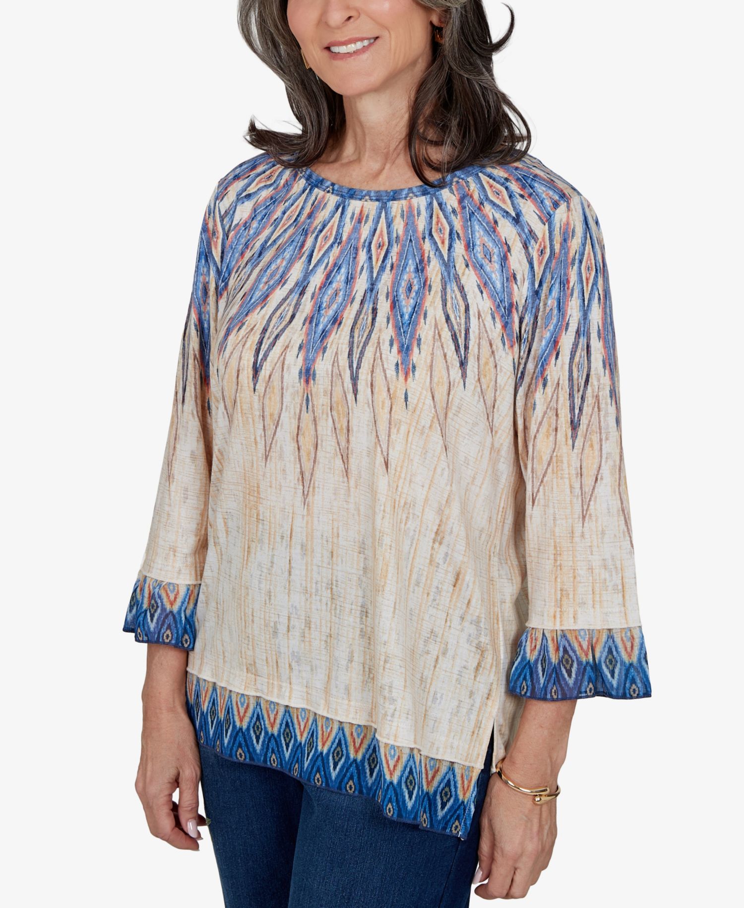 Petite 3/4-Sleeve Crewneck Allover-Print Blouse