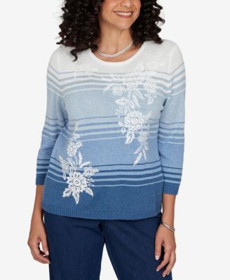 Petite Crewneck 3/4-Sleeve Stripe Sweater