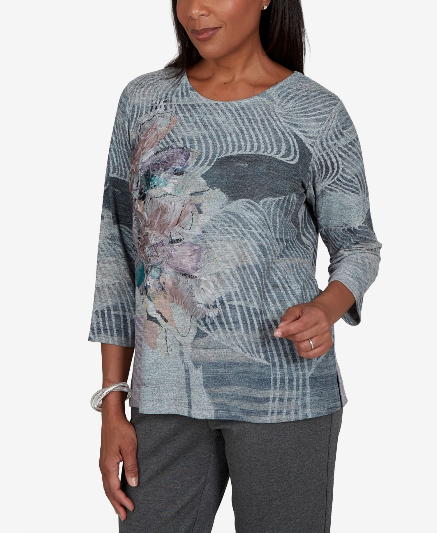 Petite Crewneck 3/4-Sleeve Floral-Print T-Shirt