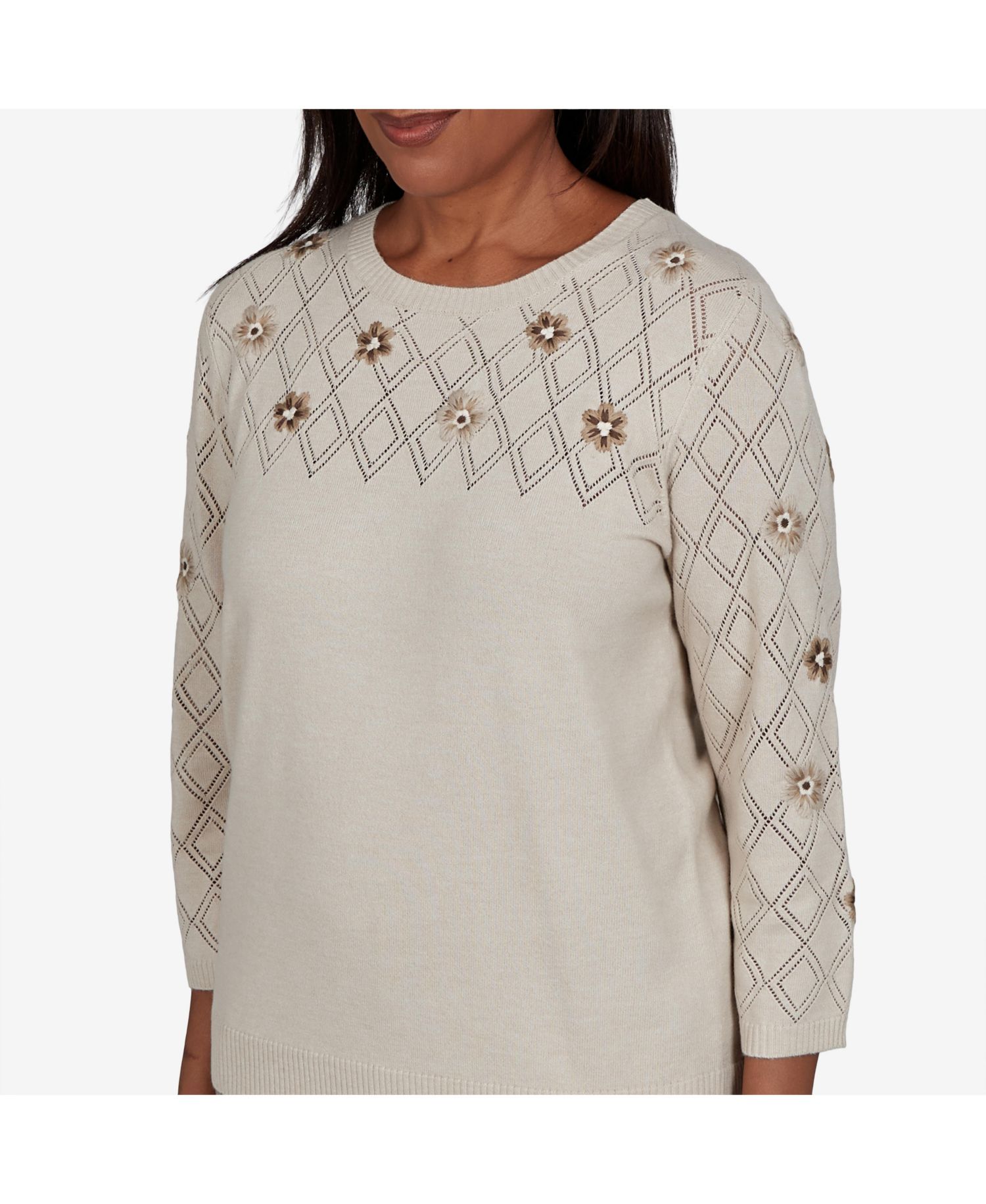 Petite Pointelle Floral Embroidery with Bead Pullover Sweater