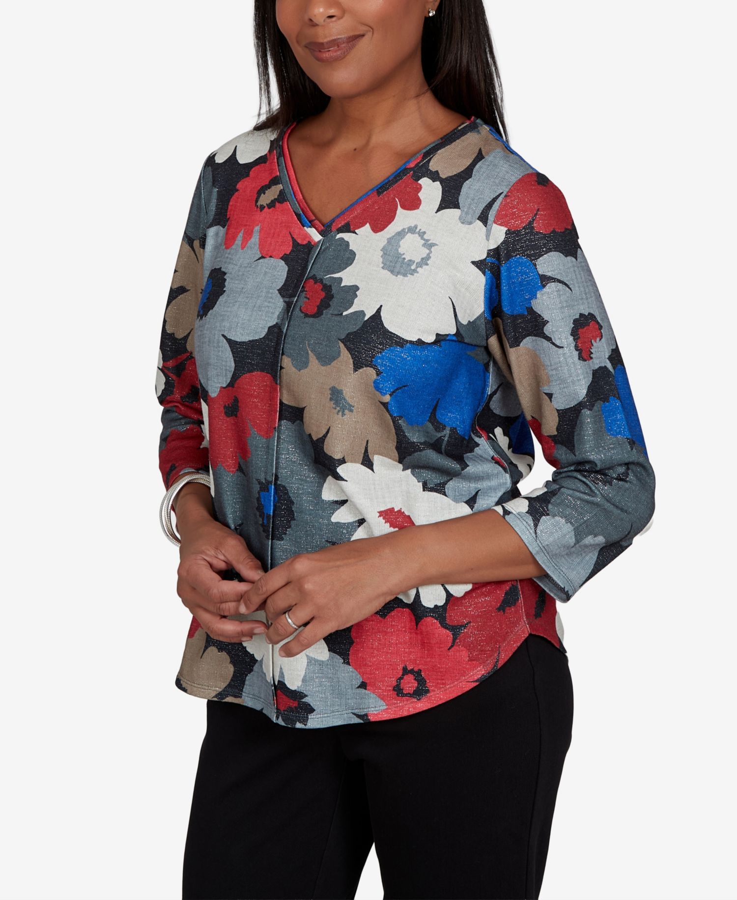 Petite Floral 3/4-Sleeve V-Neck Top