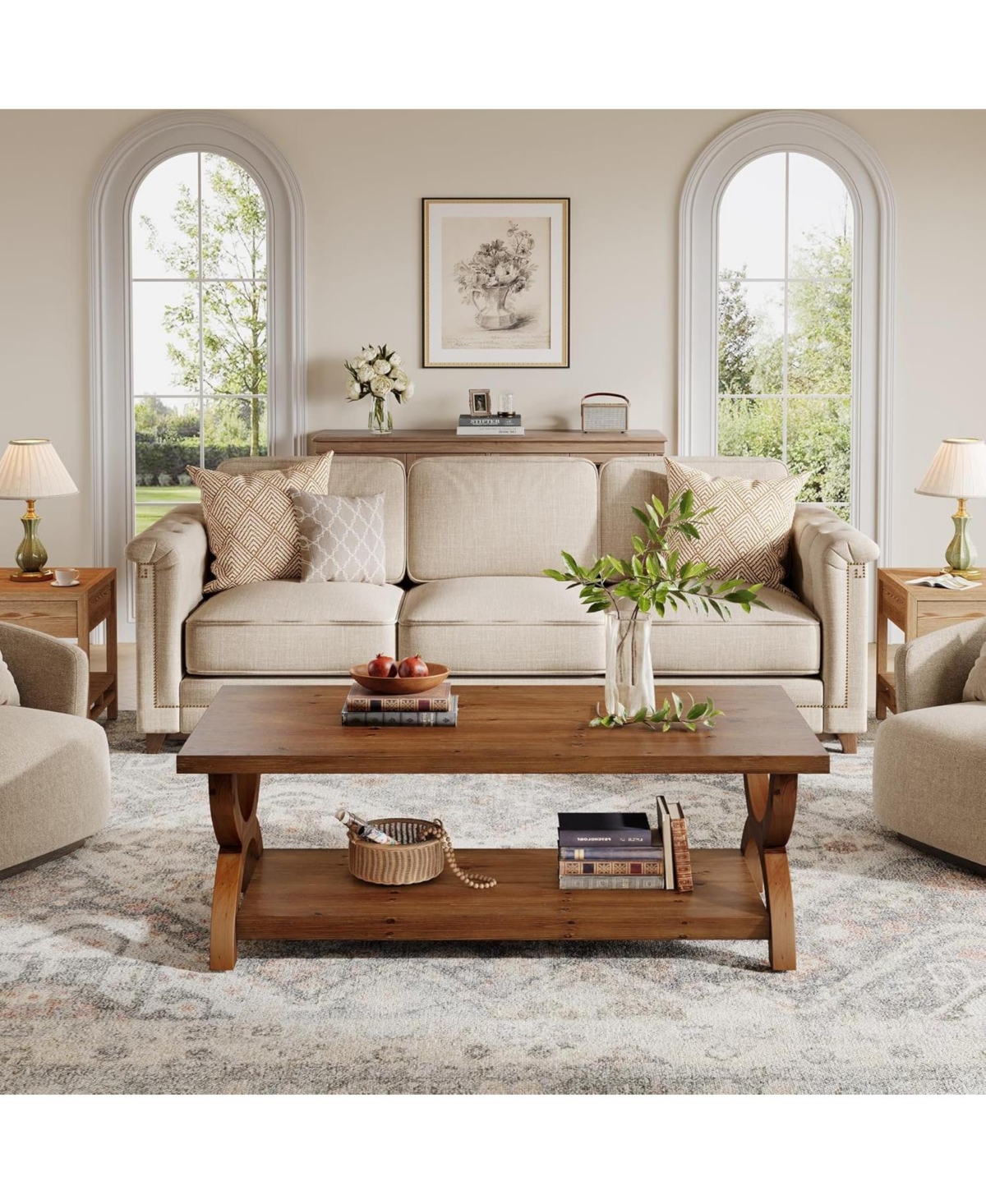 Tribesigns Solid Wood Coffee Table for Living Room, Rectangle Center Tea Table with Storage Shelf