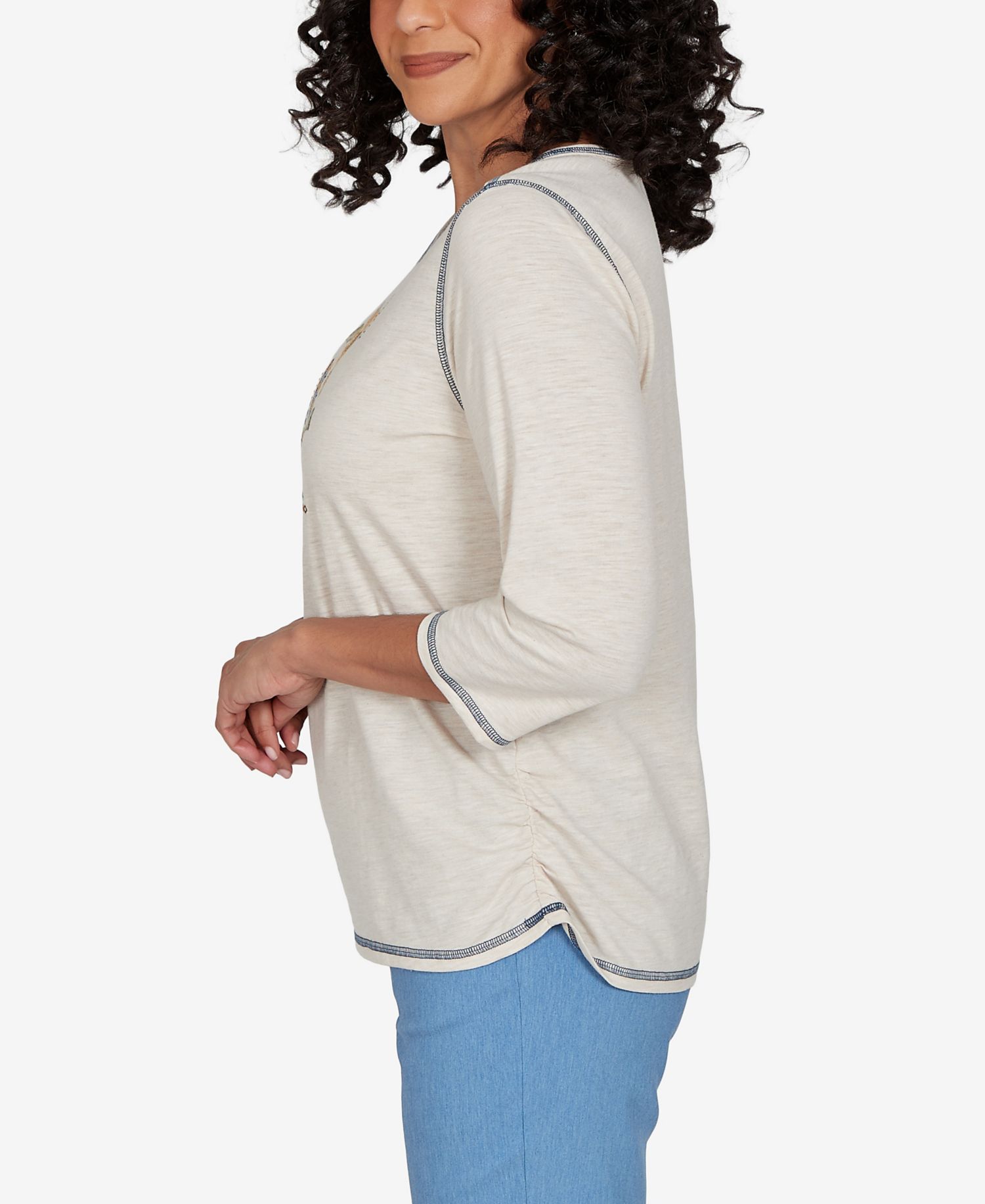 Women's Crewneck 3/4-Sleeve Sunflower Embroidery T-Shirt