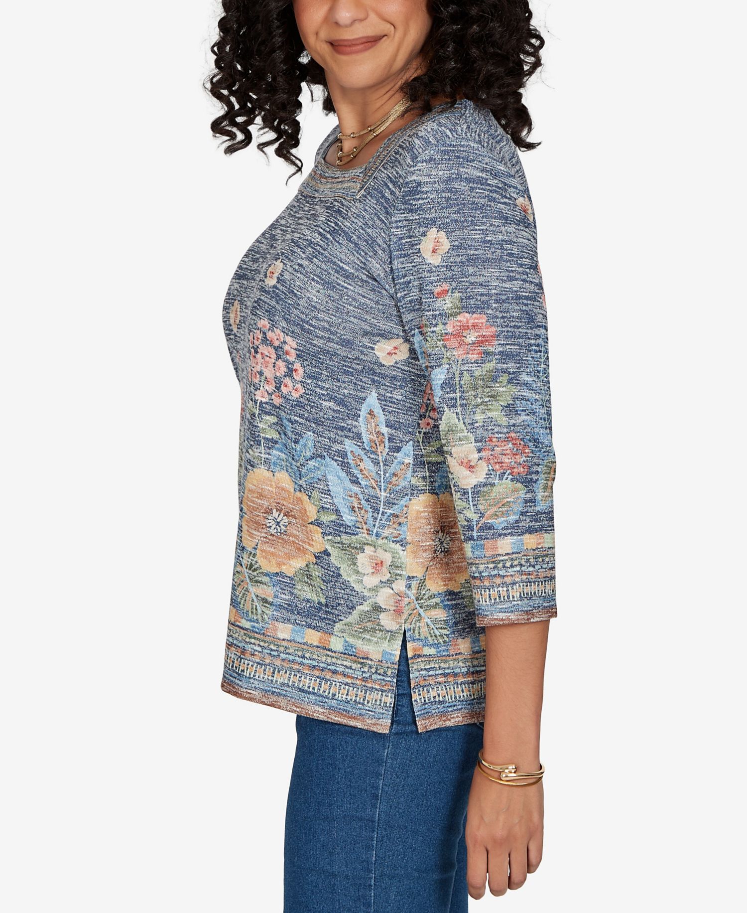 Women's Floral Square Neck 3/4-Sleeve Top