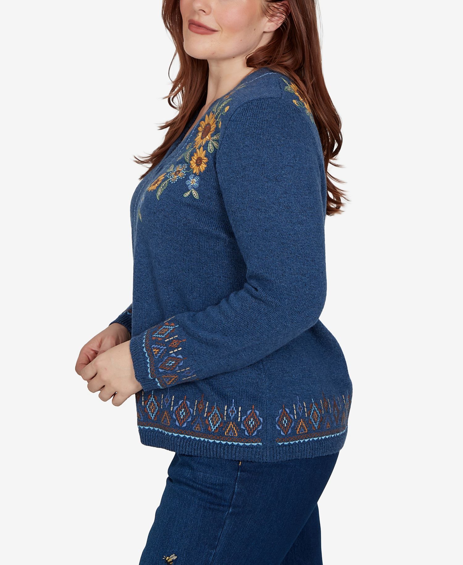 Women's Floral-Embroidery Long-Sleeve V-Neck Cardigan
