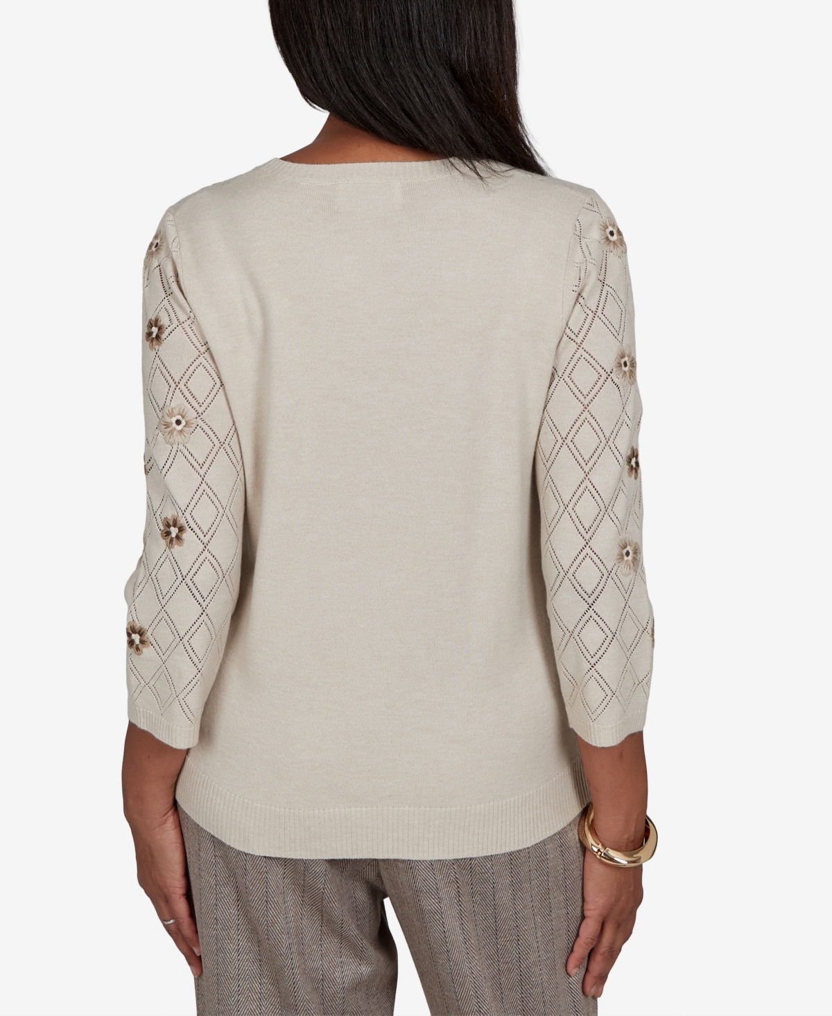 Alfred Dunner Women's 3/4-Sleeve Pointelle Diamond-Pattern Floral-Embellished Sweater