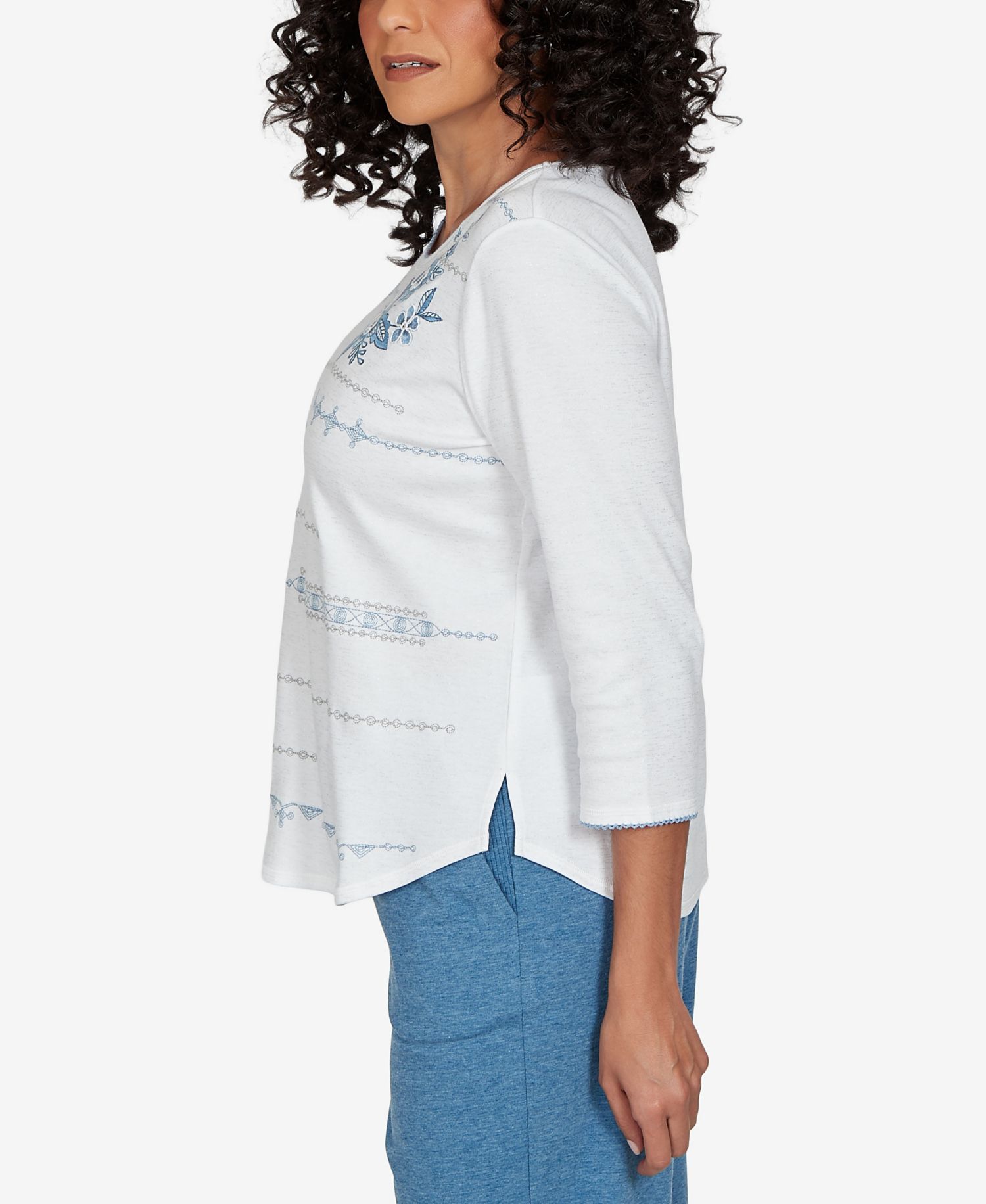 Women's Knit 3/4-Sleeve Crewneck Floral-Embroidered T-Shirt