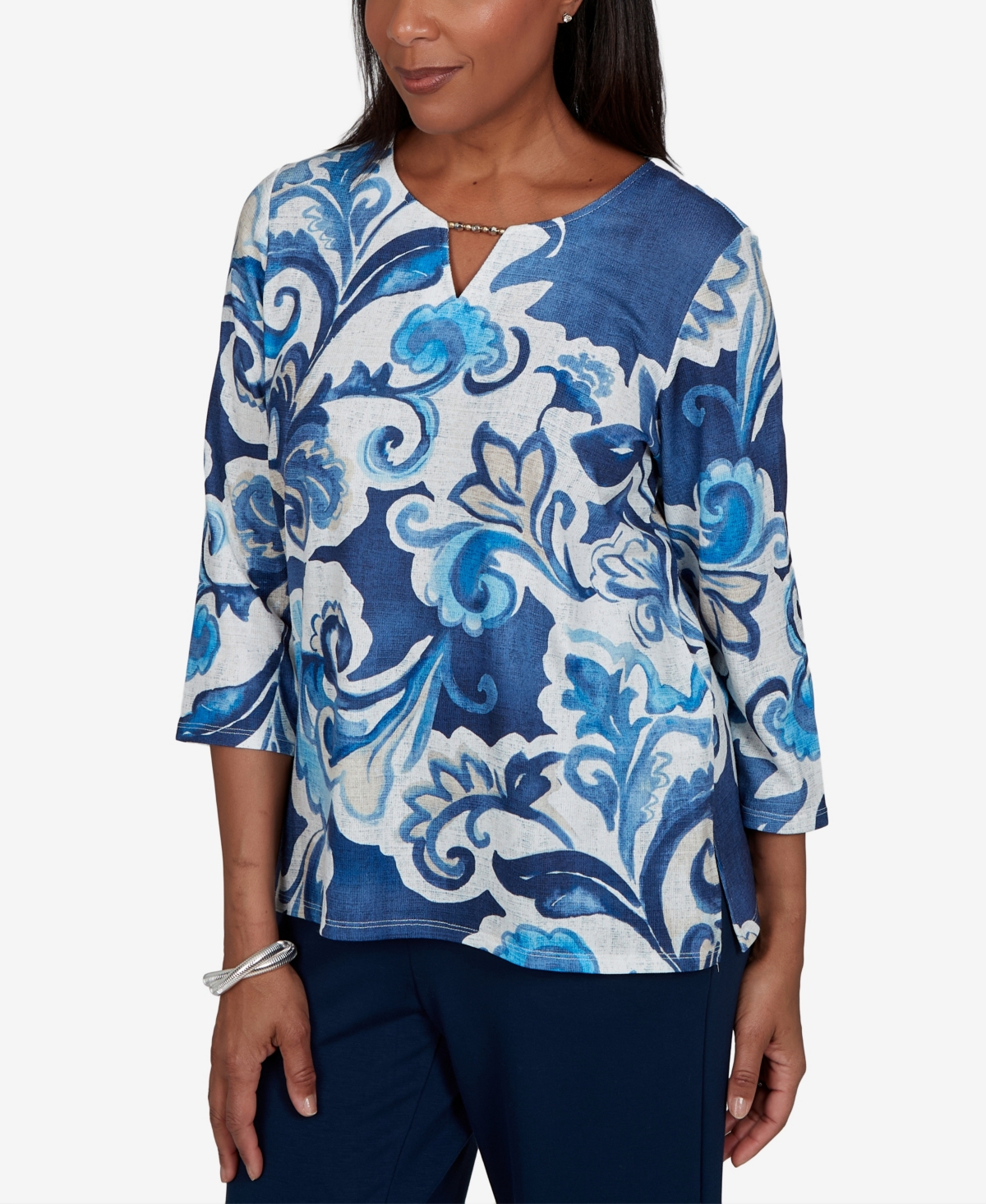 Alfred Dunner Women's 3/4-Sleeve Keyhole Neck Knit Top