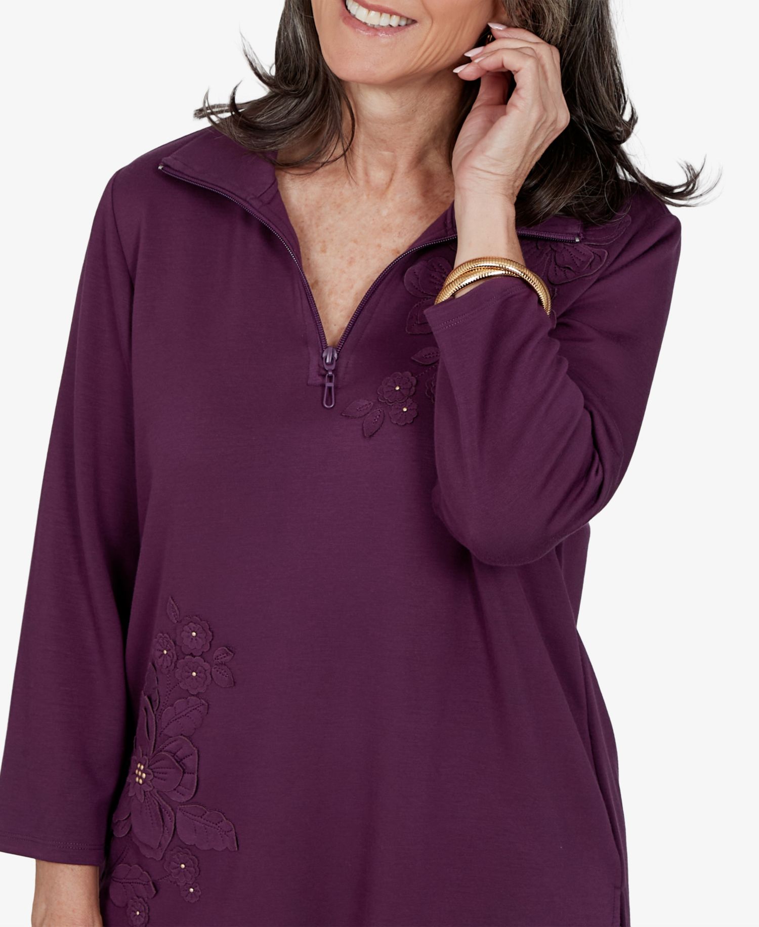 Women's 3/4-Sleeve Collared Floral Applique Knit Top