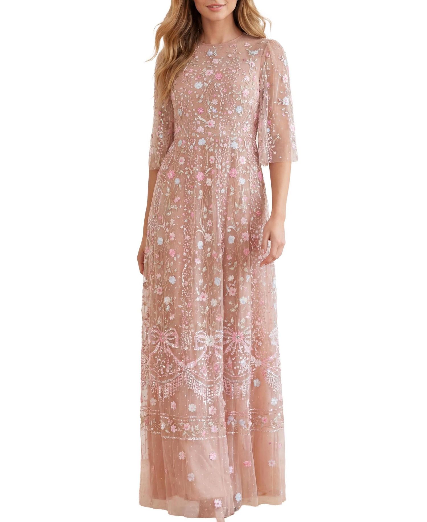 Women's Rococo Ribbon Floral-Embroidered Sheer Gown