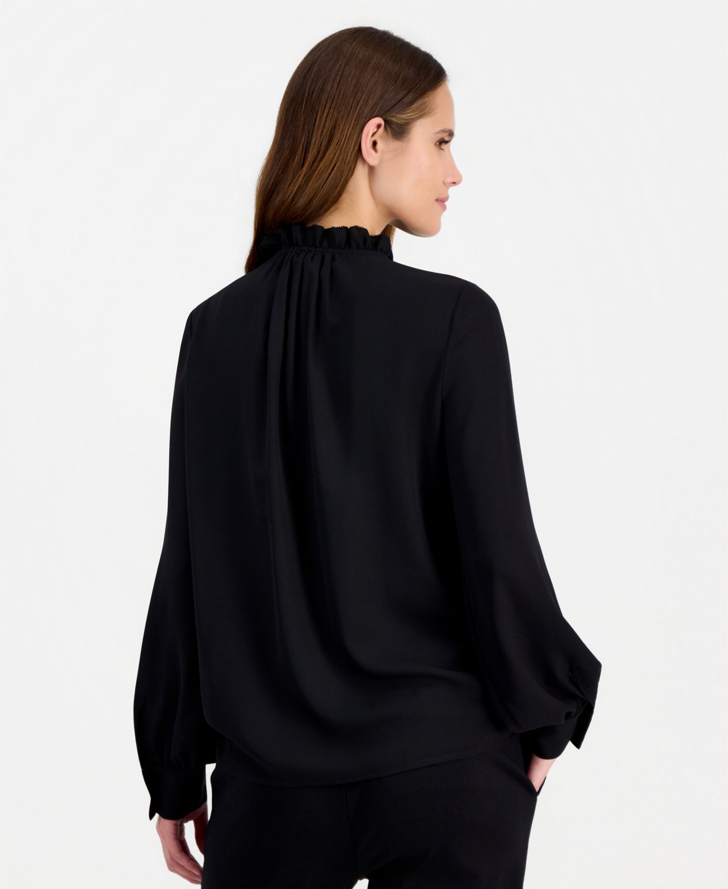 Petite Long-Sleeve Keyhole-Neck Ruffle Blouse