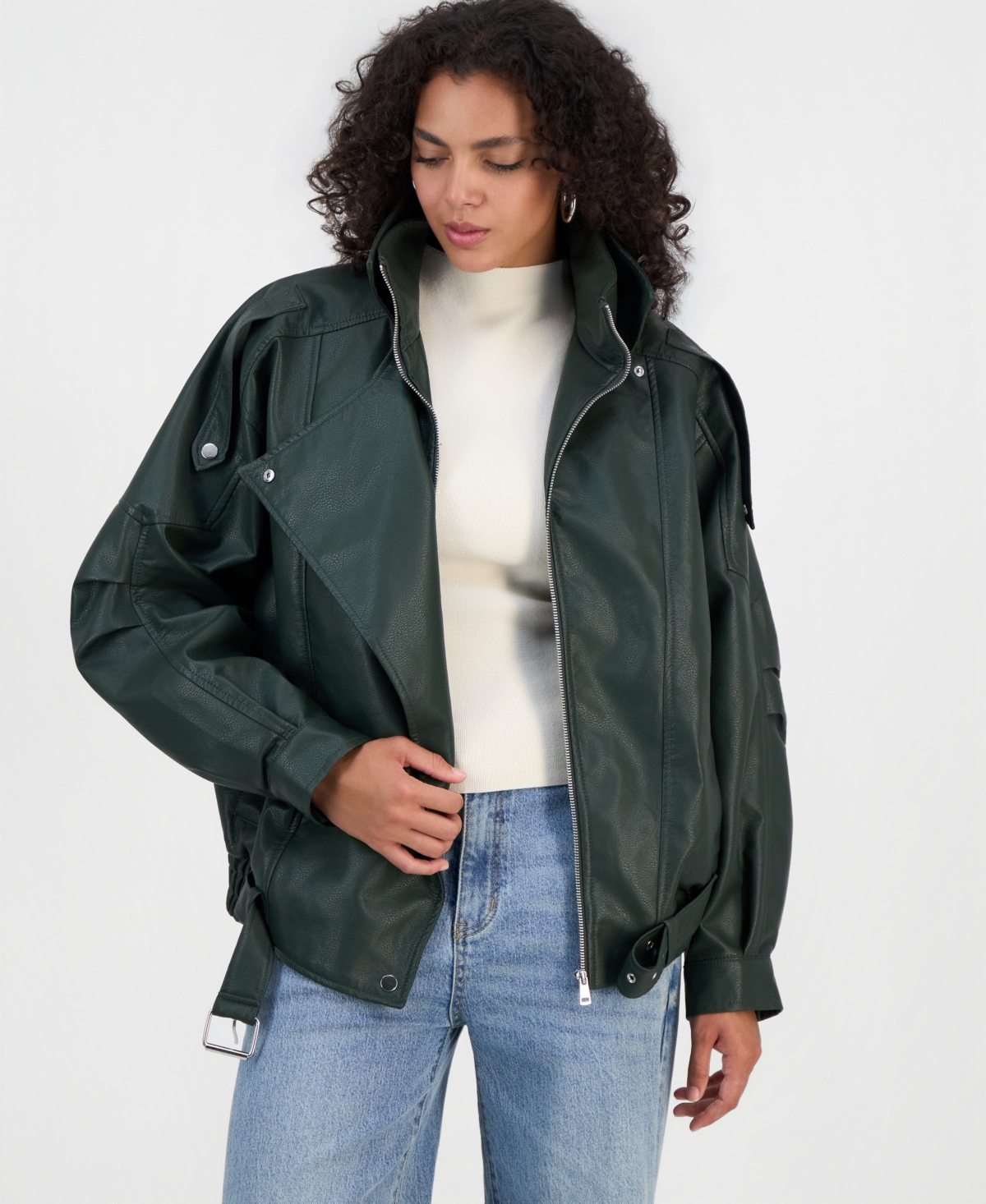 Bar Iii Women's Faux-Leather Zip-Front Bomber Jacket, Macy's Exclusive - Spruce Pine