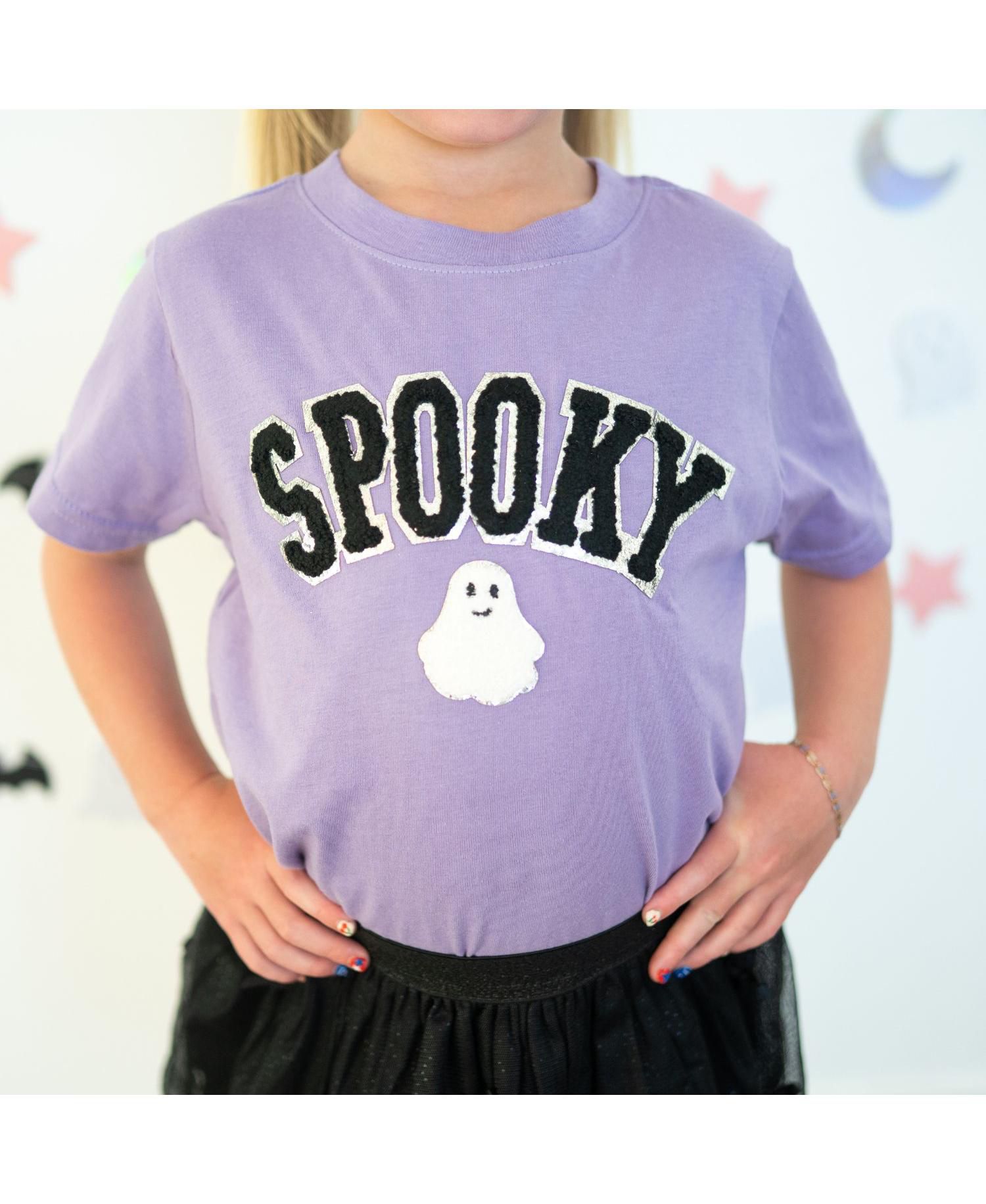 Little Girls Spooky Ghost Patch Halloween Short Sleeve T-Shirt