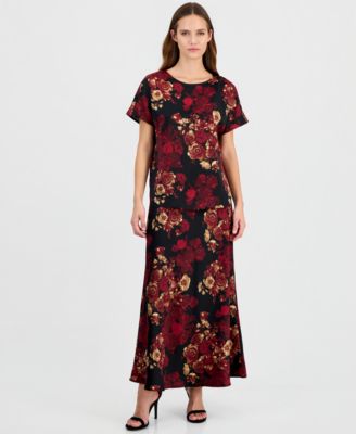 Women's Short-Sleeve Bateau-Neck Printed-Satin Blouse & A-Line Midi Skirt