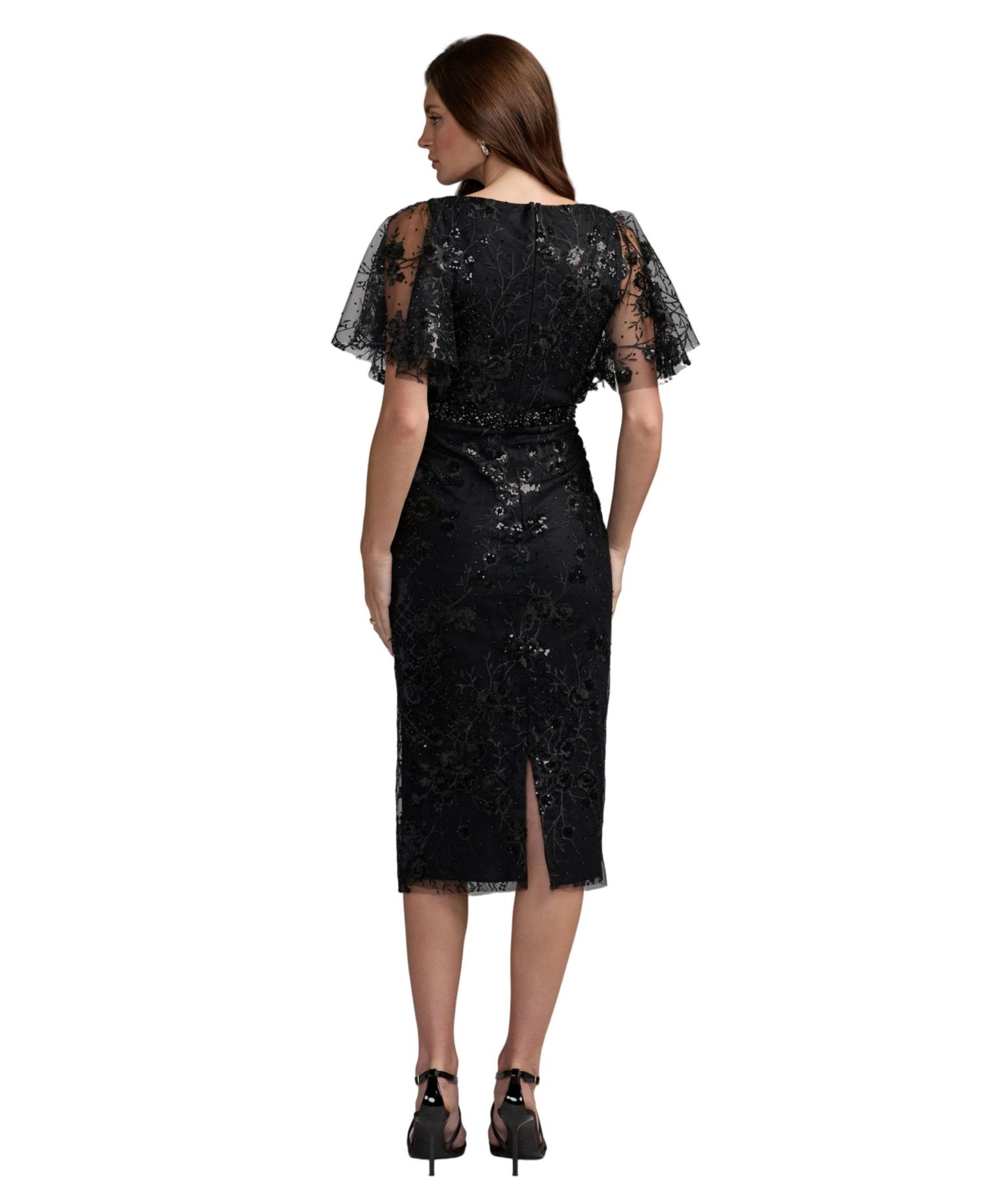 Women's Sequin Embroidered Floral Flutter-Sleeve Sheath Midi Dress