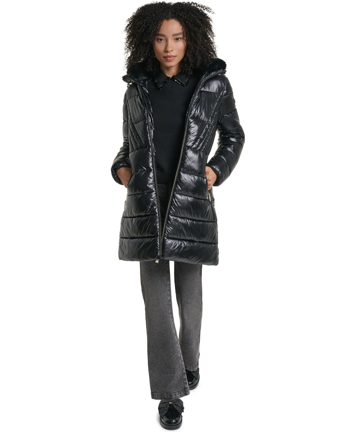 Женская куртка KARL LAGERFELD PARIS Hooded Belted Faux-Fur Collar Puffer Coat, Created for Macy's, цвет: Чёрный — фото 6