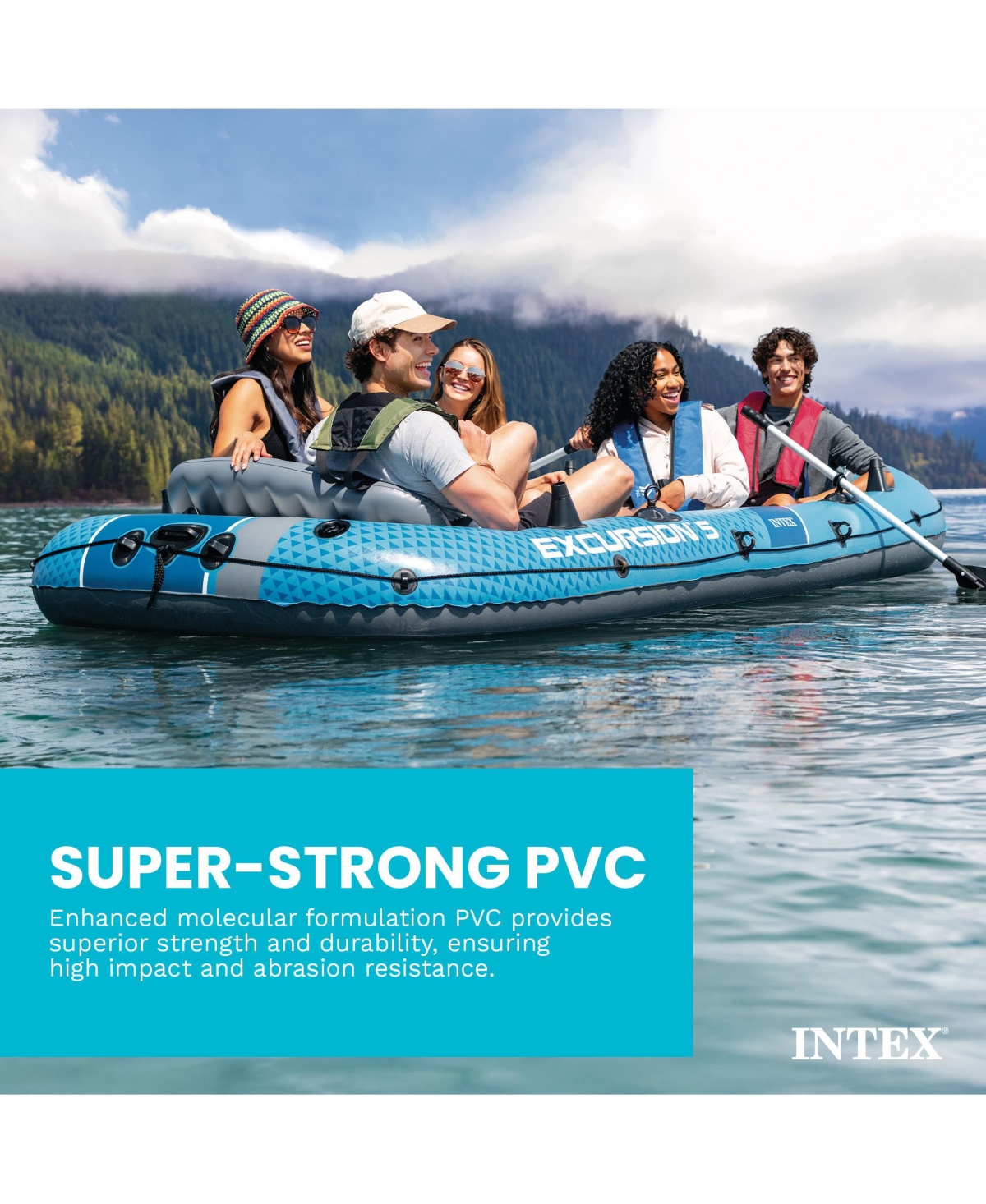 Intex 66325EP Excursion 5 Inflatable Boat Set with 54" Oars, Pump, and Rod Holders