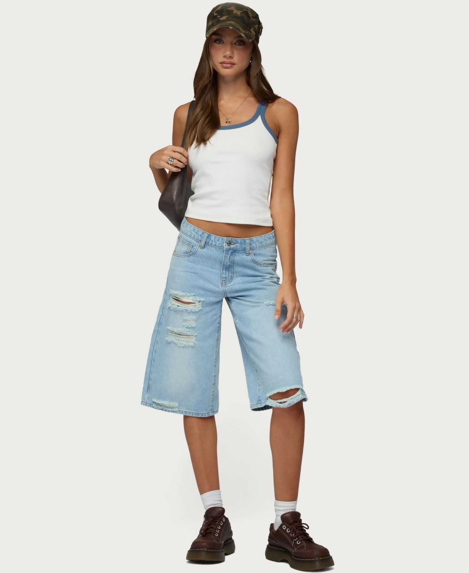 Women's Low-Rise Distressed Denim Bermuda Shorts, 16" Inseam