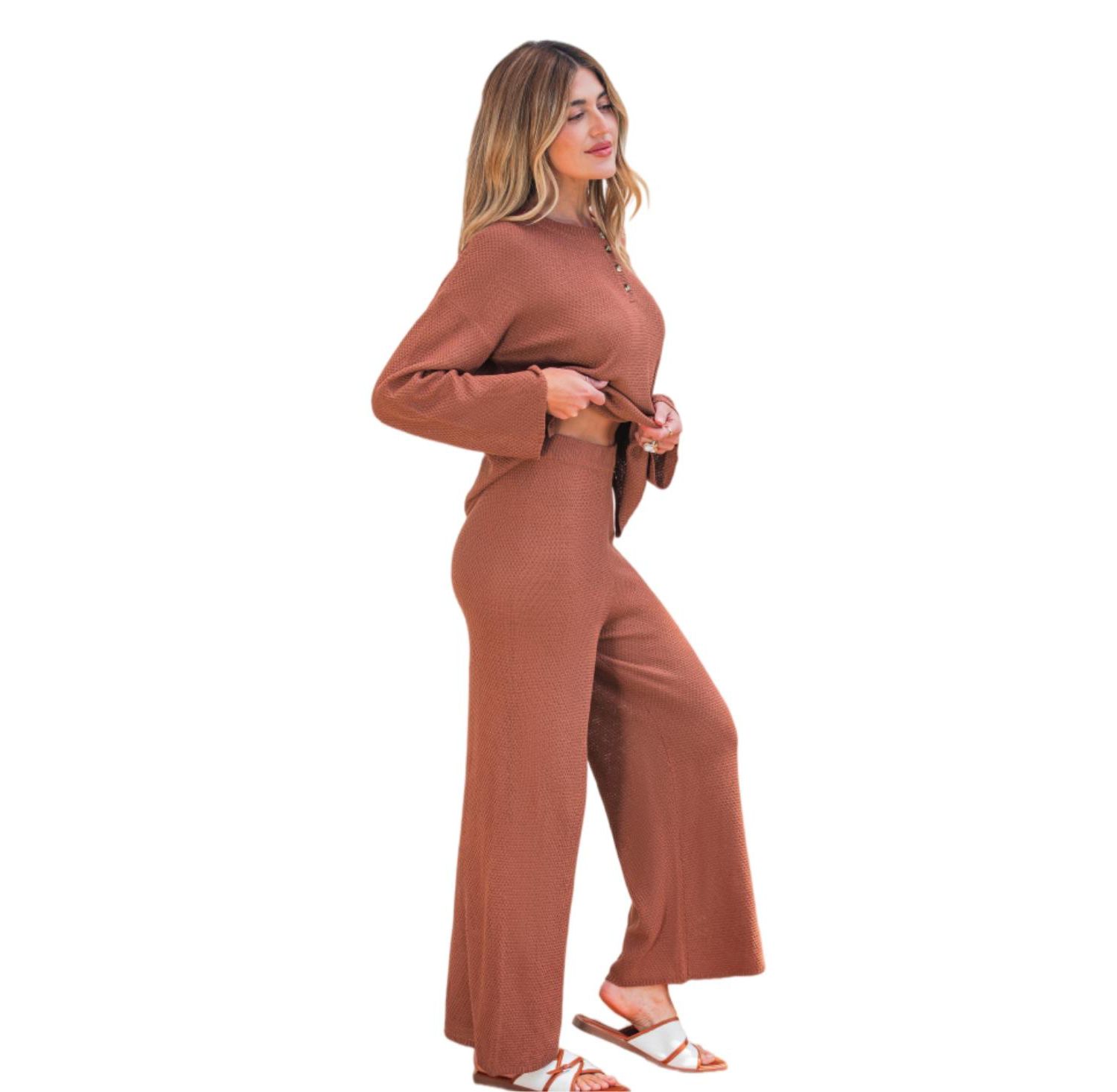 Women's Waffle-Knit Henley Top and Wide-Leg Pants Set