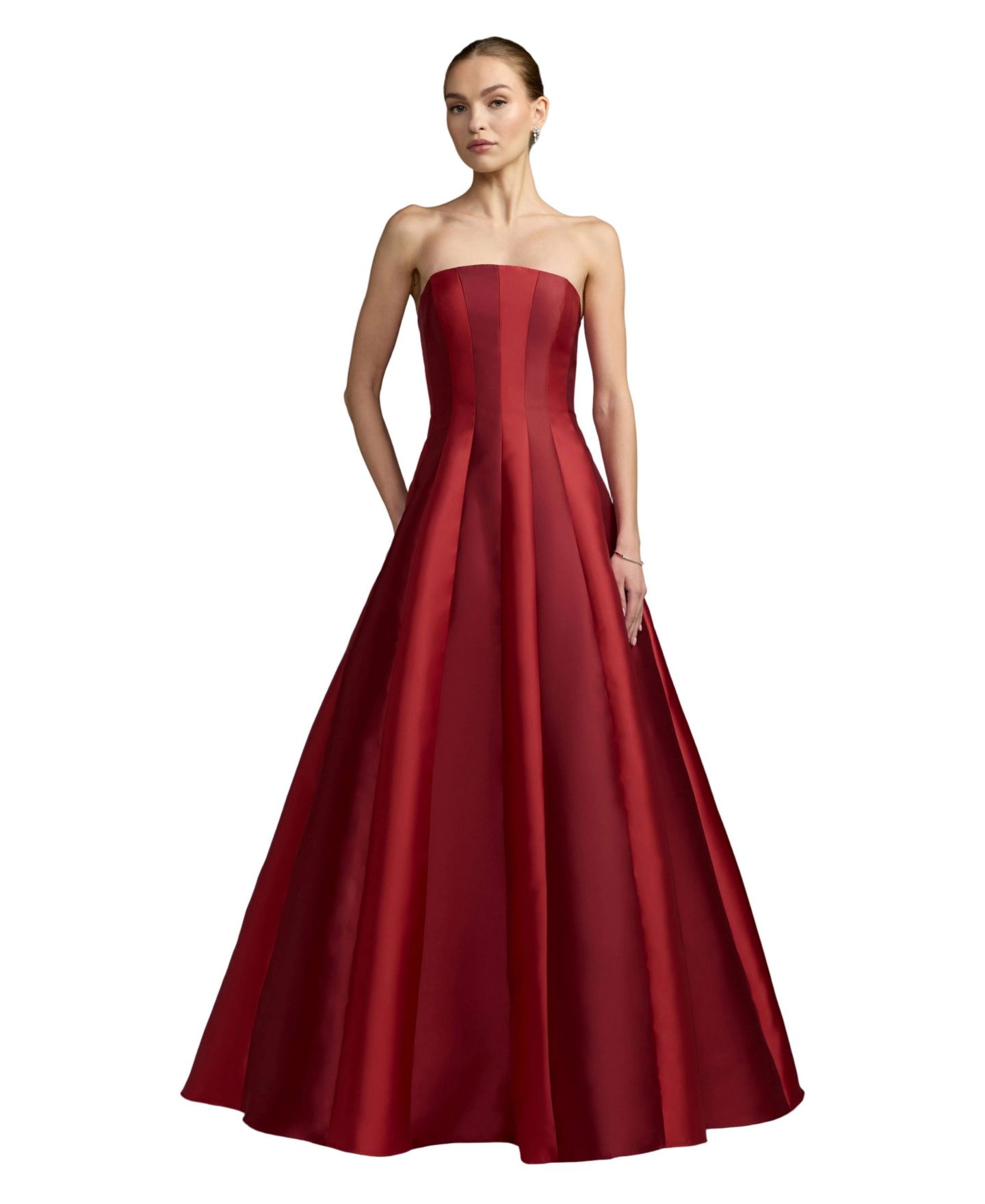 Женское платье Mac Duggal Strapless Paneled Mikado Ball Gown, цвет: Винный разноцветный — фото 1