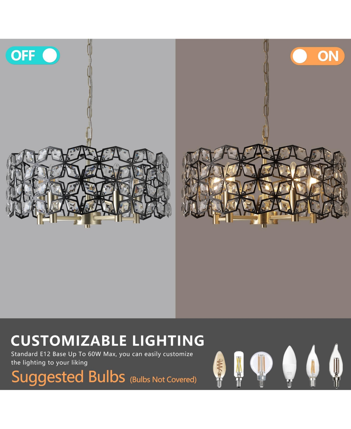 Clihome 19" Crystal Gold Pendant Chandelier, Geometric Modern 5-Light Fixture (Bulb Not Included)