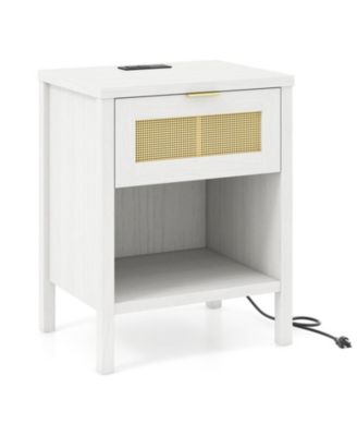 Rattan Nightstand with Charging Station Storage Drawer and Open Compartment
