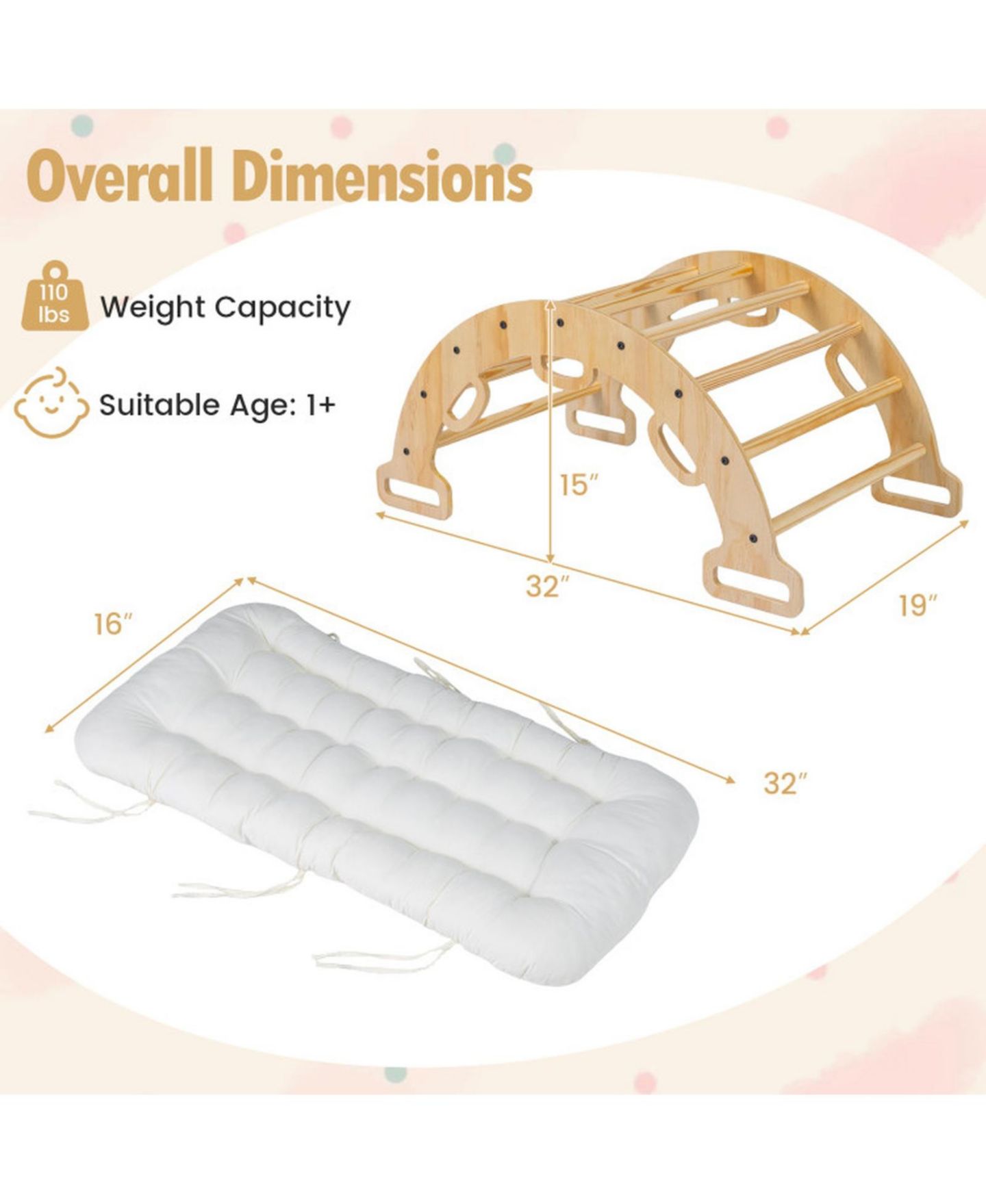 Детская игрушка SUGIFT 3-in-1 Wooden Rocking Climbing Arch with Removable Cushion, 32" x 19" x 15", 110 Lbs, Ages 1+, цвет: Натуральный — фото 3