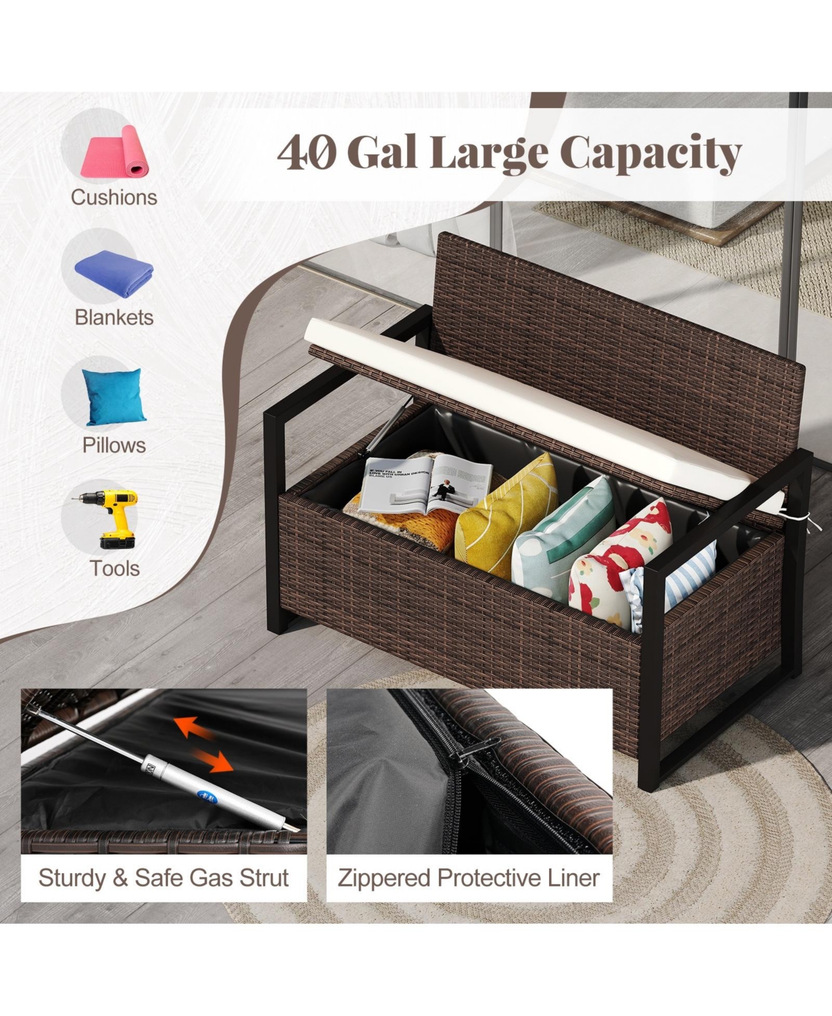 Mecale Wicker Storage Loveseat Bench with Cushion, 800-lb Weight Capacity