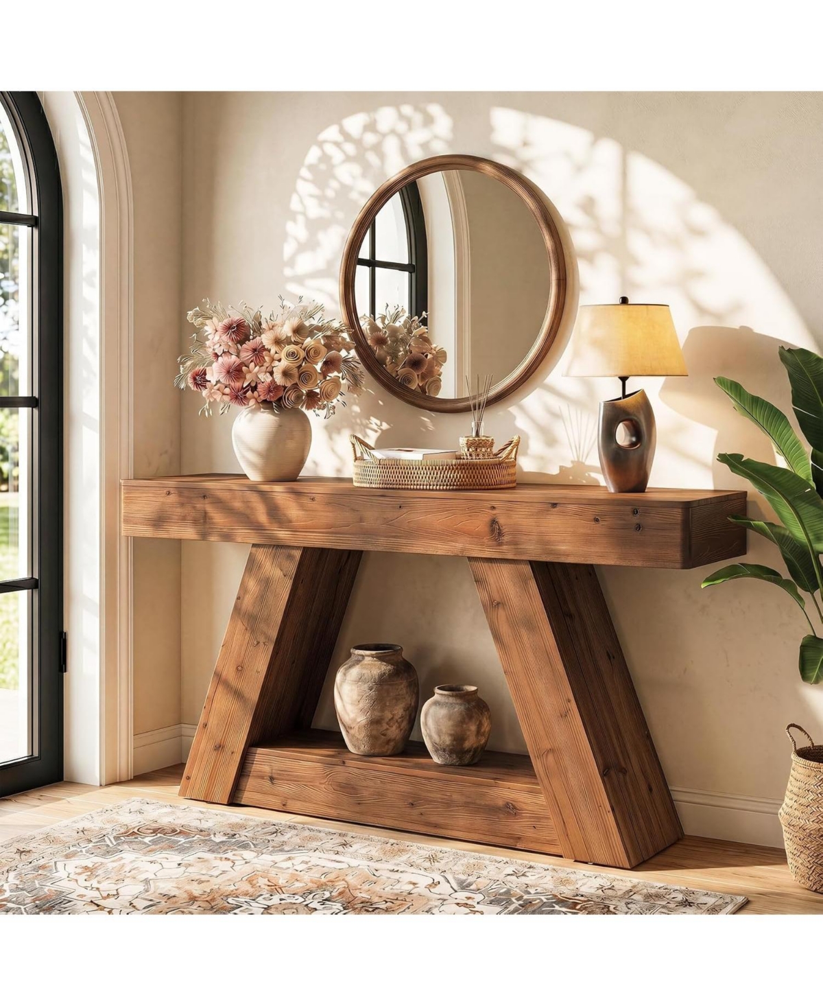 Tribesigns 63" Rustic Solid Wood Console Table With Angled Legs and Lower Shelf, Farmhouse Entryway Table