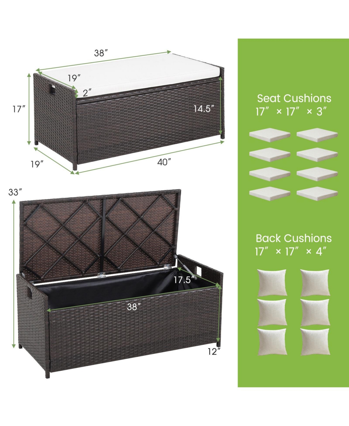Mecale 34-Gallon Rattan Storage Bench, Seat Cushion, Zippered Liner