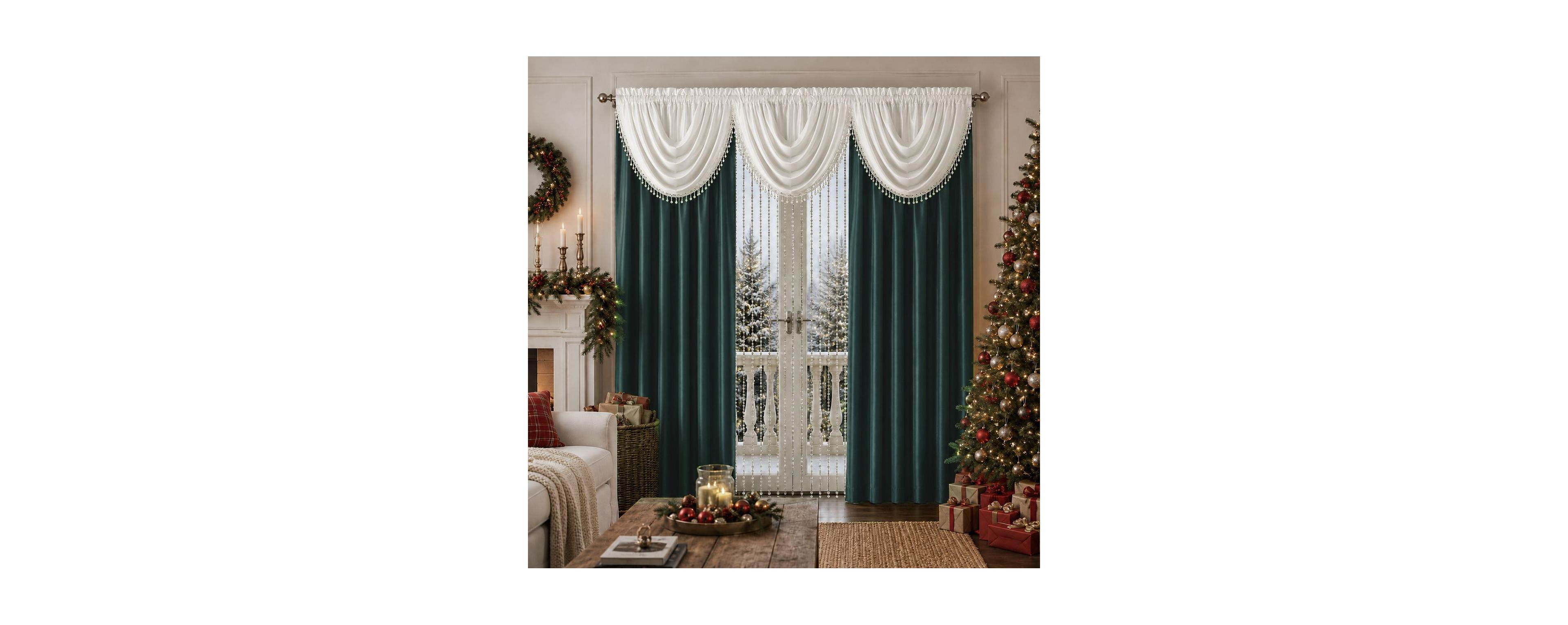 Kate Aurora 6 Piece Maison Estate Semi Sheer Collection Window Curtains and Beaded Valance Set