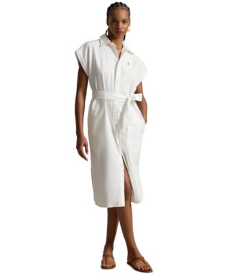 Women's Point Collar Cap-Sleeve Belted Shirt-Dress