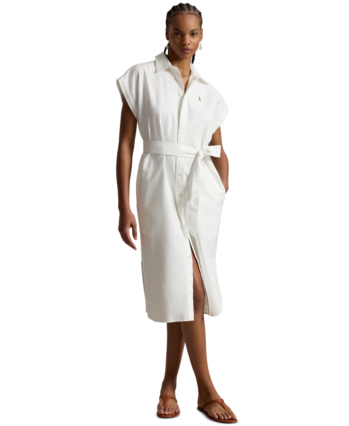 Polo Ralph Lauren Women's Point Collar Cap-Sleeve Belted Shirt-Dress - Blue Shadow Rose White