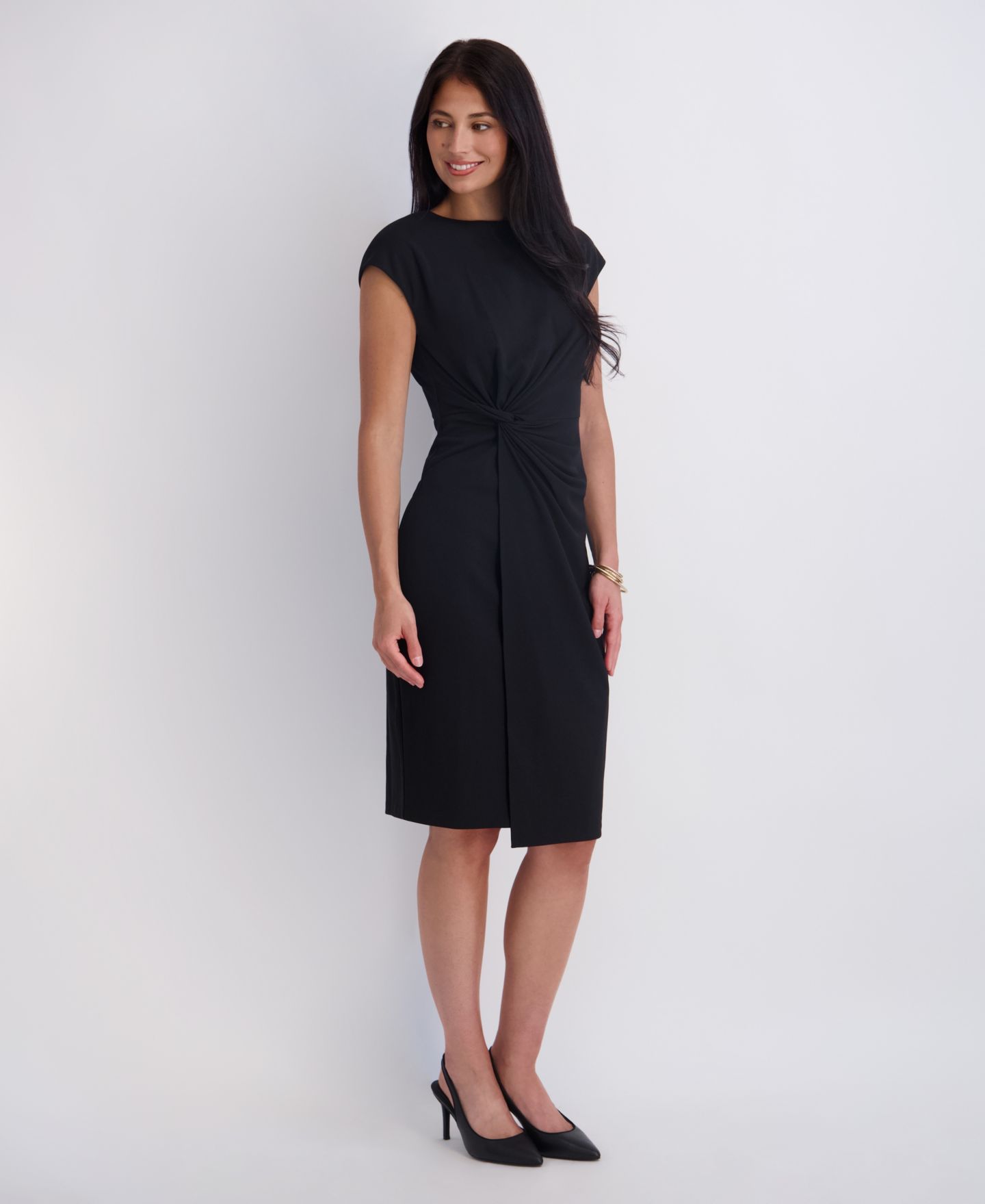 Женское платье Kensie Crepe Scuba Gathered Twist-Front Cap-Sleeve, цвет: Чёрный — фото 3