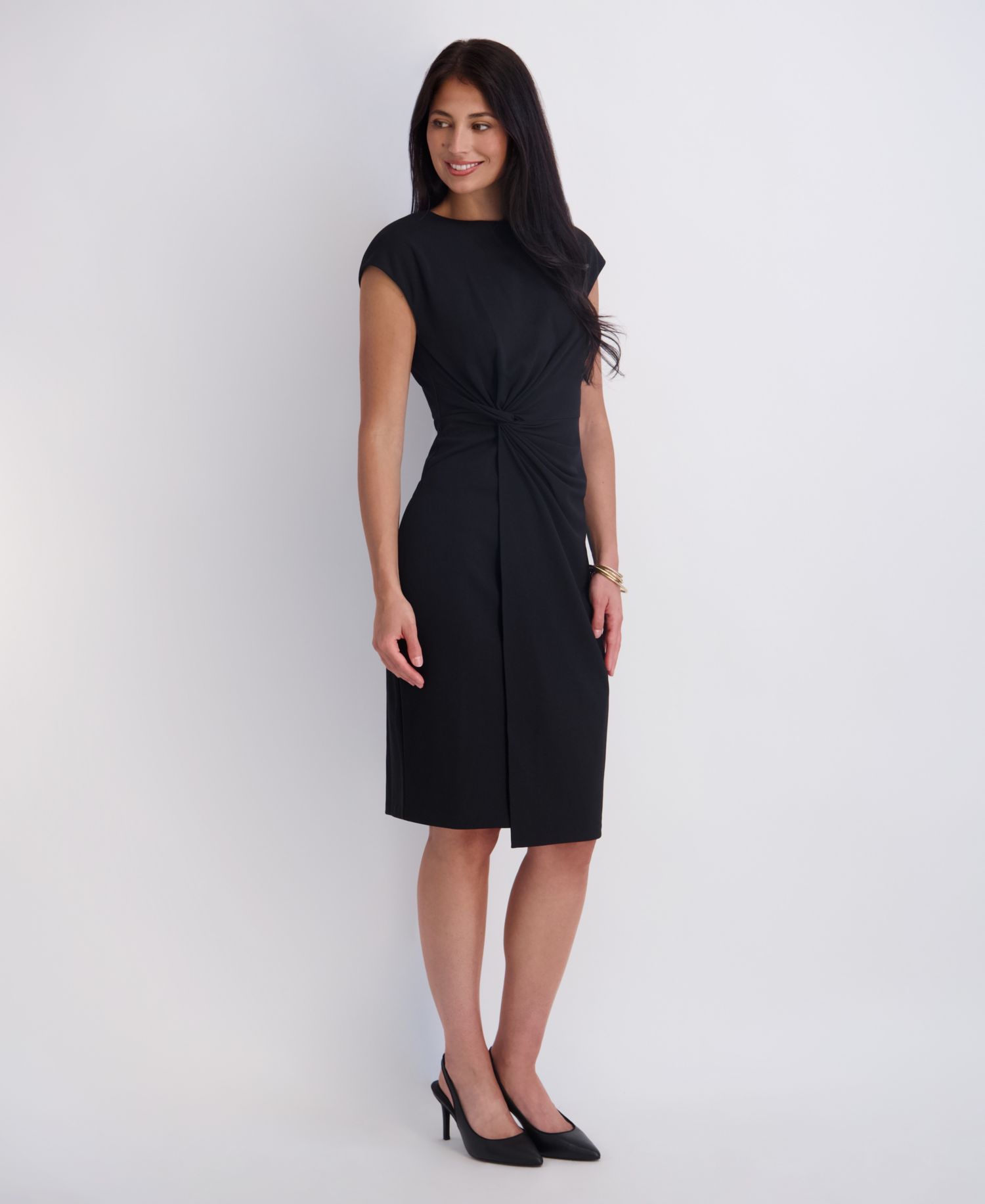 Women's Crepe Scuba Gathered Twist-Front Cap-Sleeve Dress