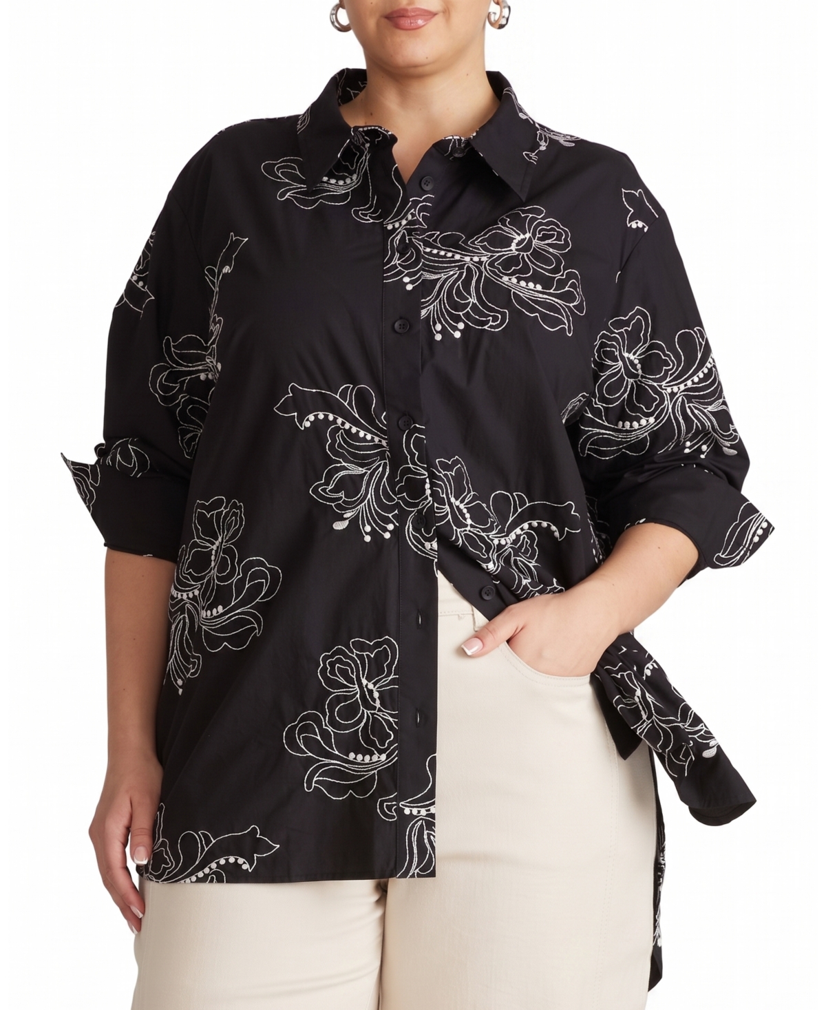 Universal Standard Plus Size Oversized Embroidered Eyelet Long-Sleeve Button-Down Shirt - Hibiscus embroidery