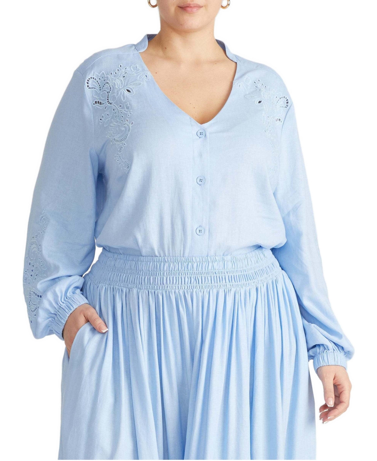 Universal Standard Plus Frances Linen-Blend Embroidered Relaxed-Fit Blouse