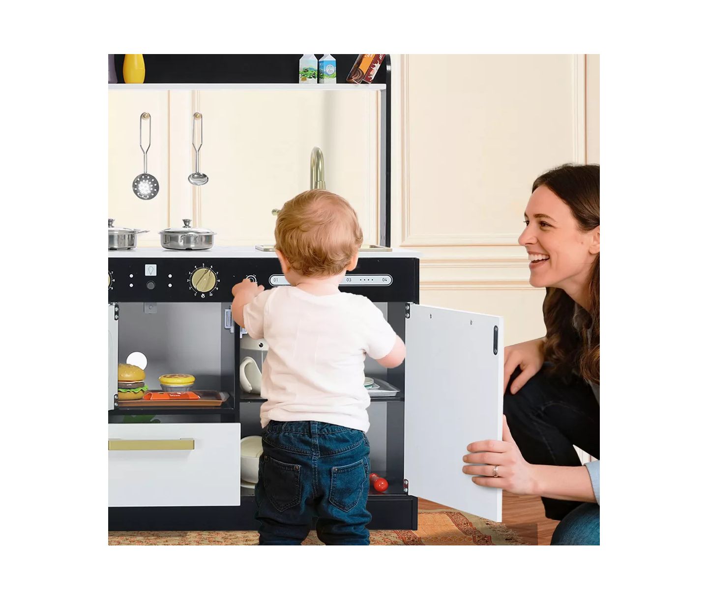 Детская игрушка Kinder King Wooden Pretend Play Kids Kitchen, Toy Kitchen Playset With Oven, Microwave for Boys Girls Age 3+, цвет: Тёмный серый — фото 2