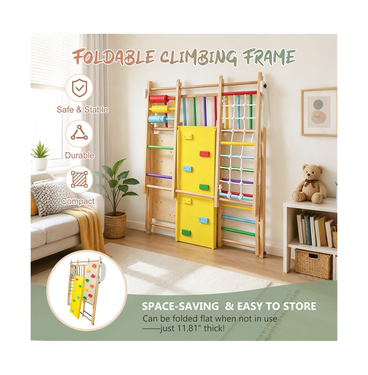 Детская игрушка YOBTOP 9-in-1 Foldable Wooden Climbing Frame with Slide, 176 lbs Capacity, Ages 3+, цвет: Натуральный — фото 4