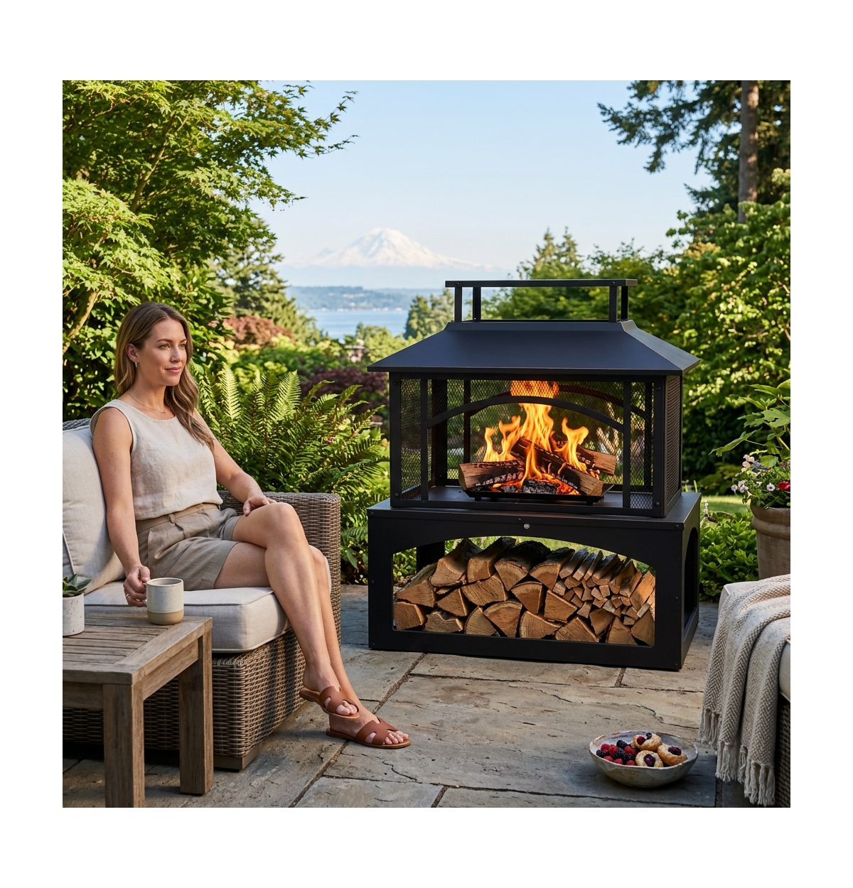 Aoxun 2-in-1 Outdoor Fire Pit Table with Hidden Log Storage, Steel Patio Heater for Backyard Porch