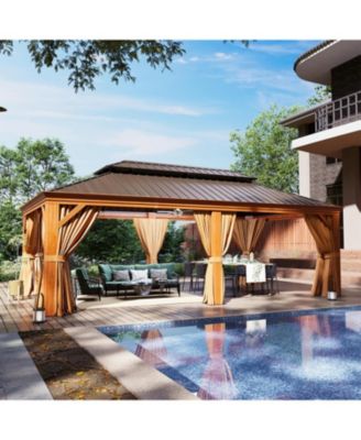 12'x20' Hardtop Aluminum Gazebo, Galvanized Steel Double Roof Pavilion with Drainage System and Netting