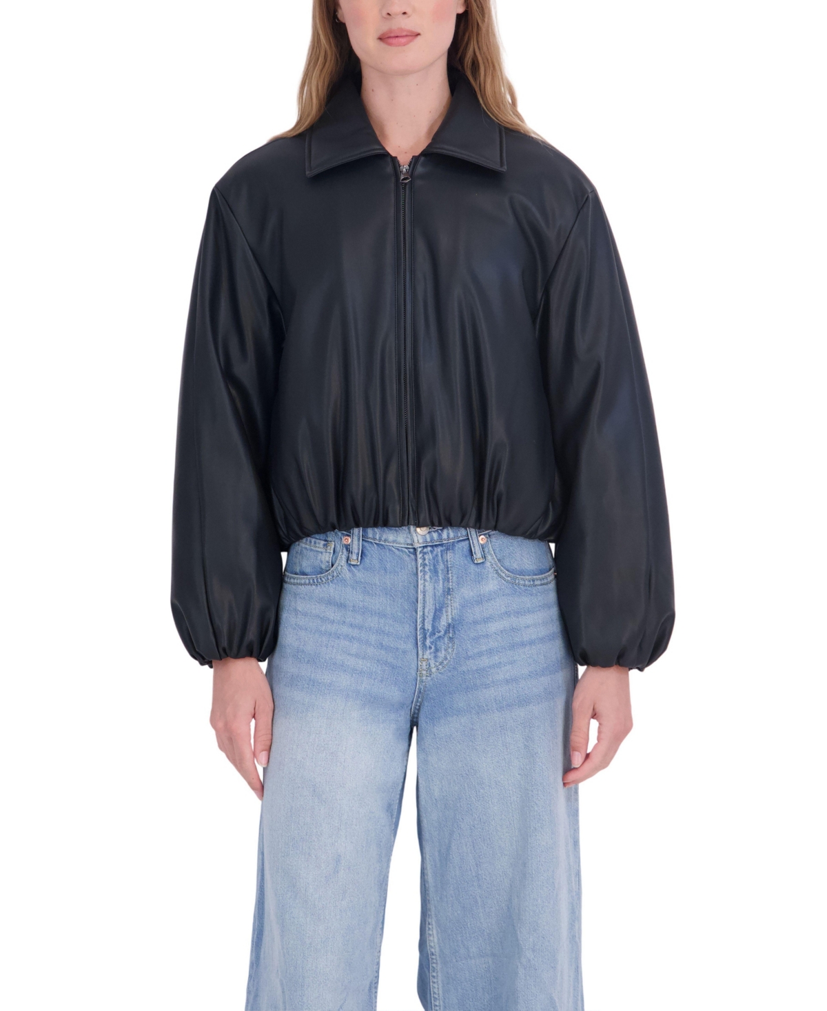 Sebby Collection Women's Bubble Hem Bomber Faux Leather Coat