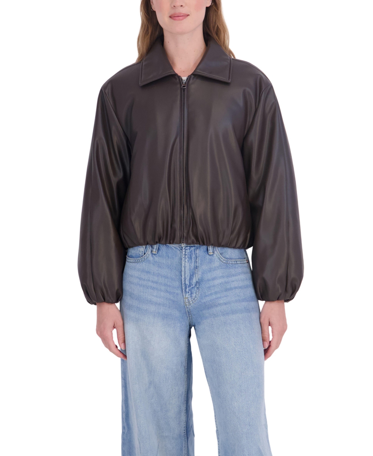 Sebby Collection Women's Bubble Hem Bomber Faux Leather Coat - Brown