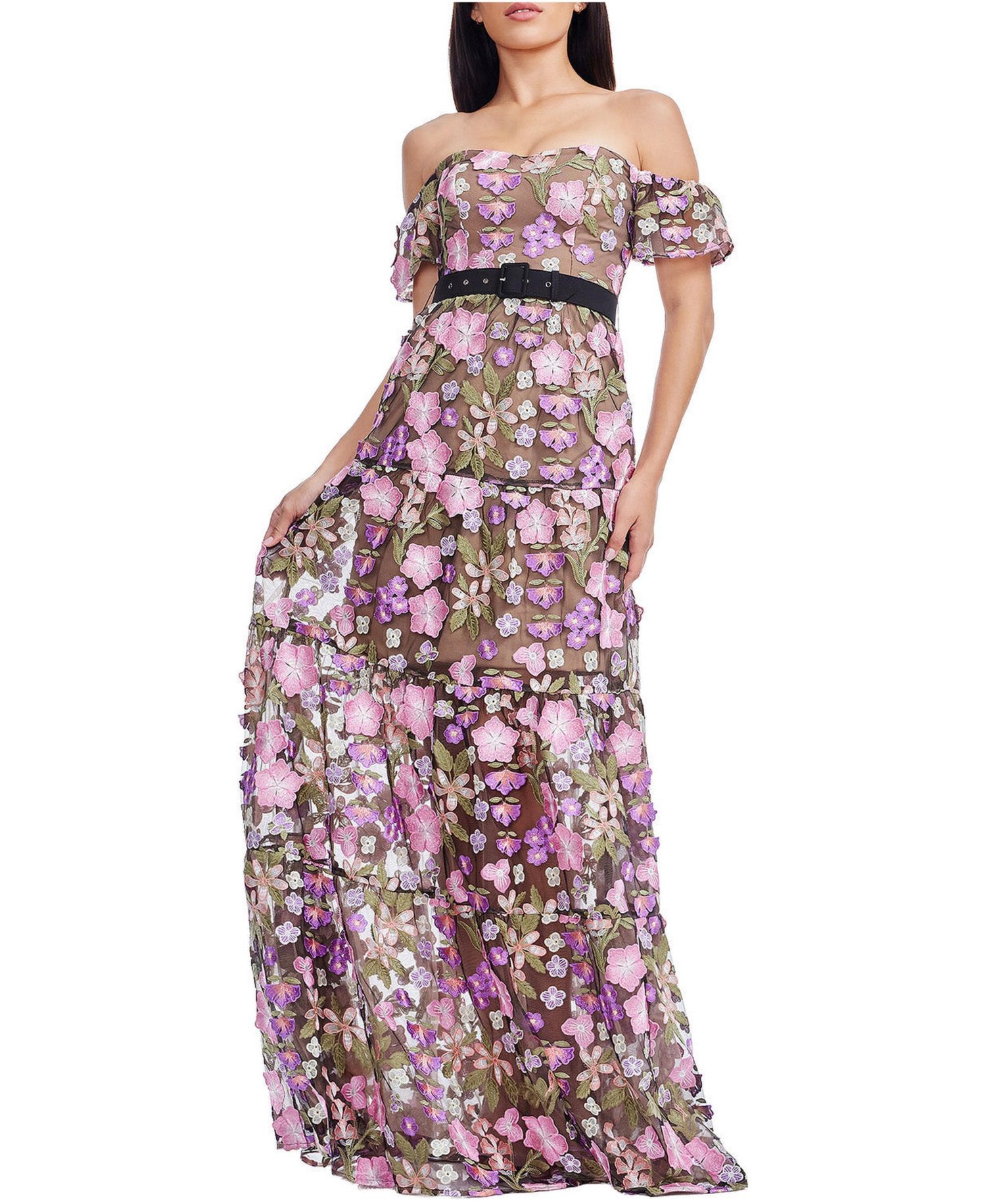 Women's Lara Off-the-Shoulder Sweetheart 3D Floral Embroidered Tiered Gown