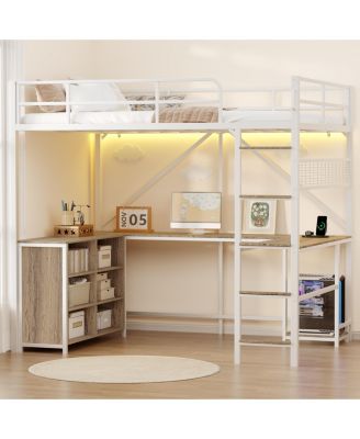 Loft Bed with Metal Frame - Large Desk Surface, Open Baskets, PC Stand, Elevated, Durable, Sturdy, Compact Bed for Rooms