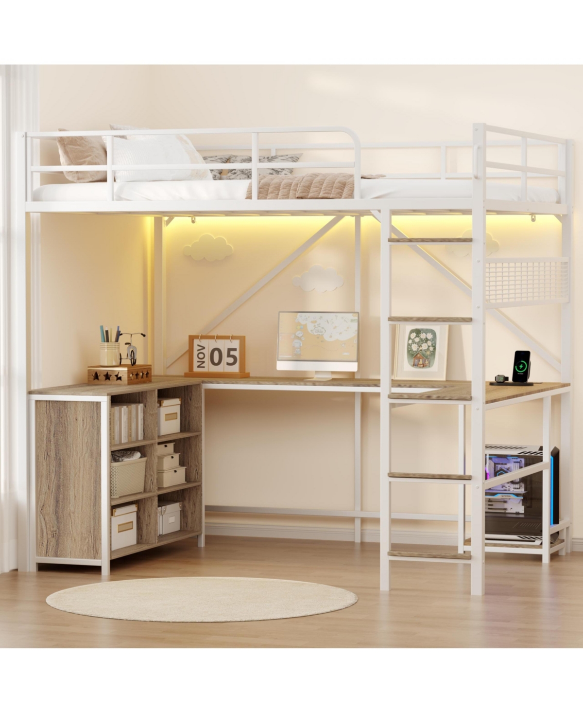 homfan Loft Bed with Metal Frame Large Desk Surface, Open Baskets, Pc Stand, Elevated, Durable, Sturdy, Compact Bed for Rooms