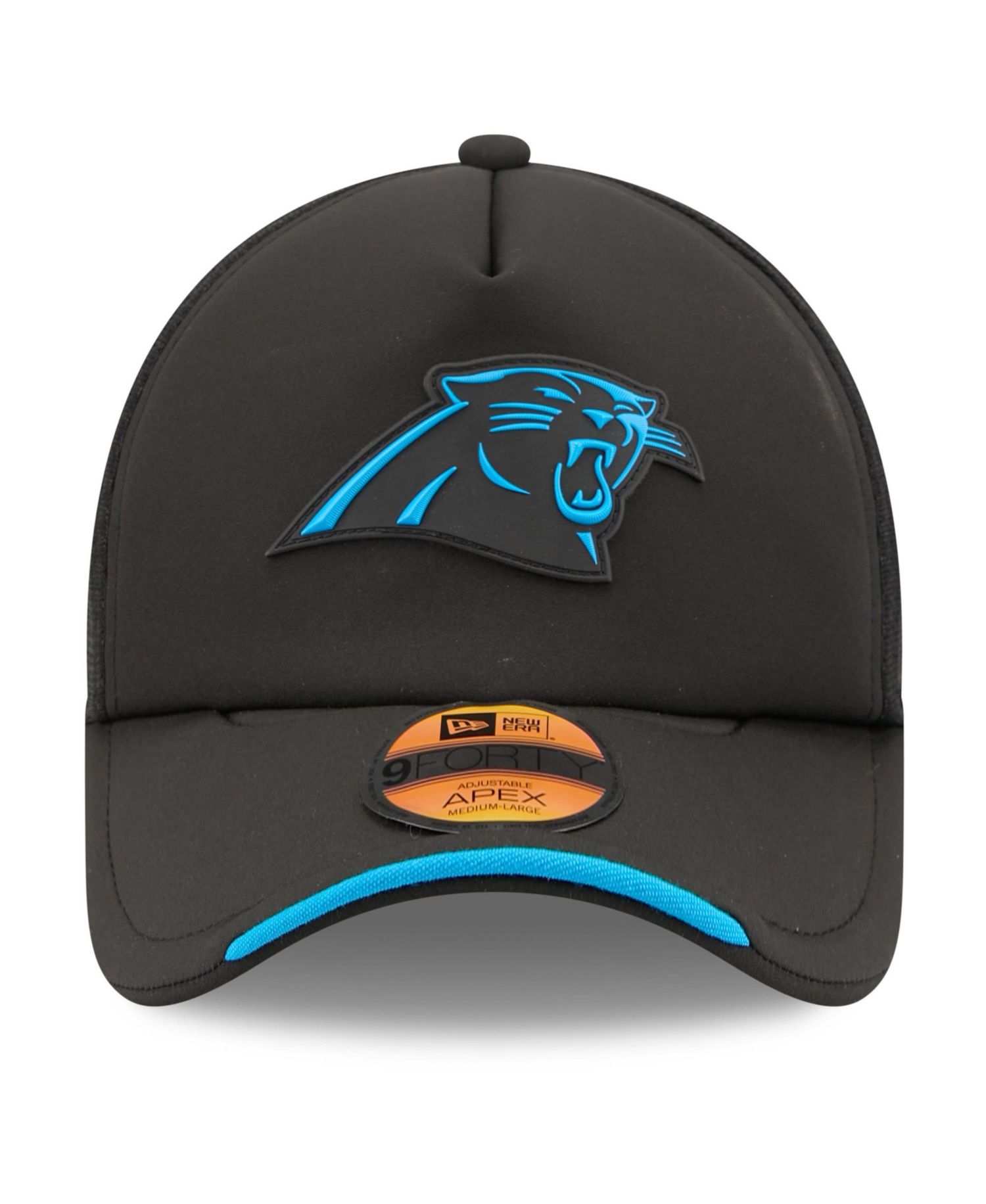Men's Black Carolina Panthers 2026 Sideline Apex 9FORTY Adjustable Trucker Hat