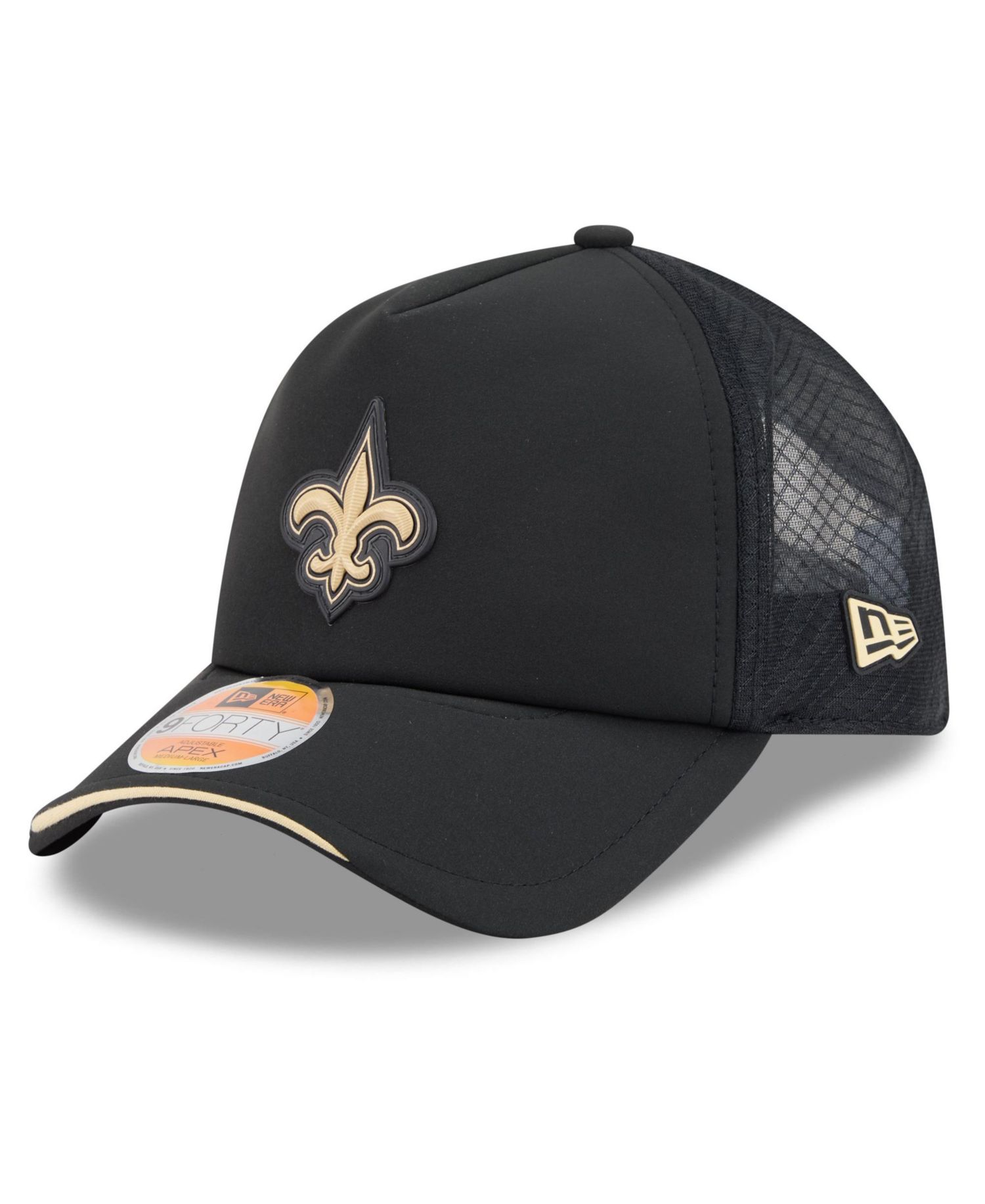 Men's Black New Orleans Saints 2026 Sideline Apex 9FORTY Adjustable Trucker Hat