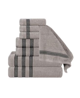 Brea Zero Twist Cotton Ribbed Geometric Border Plush Soft Absorbent 8-Piece Towel Set