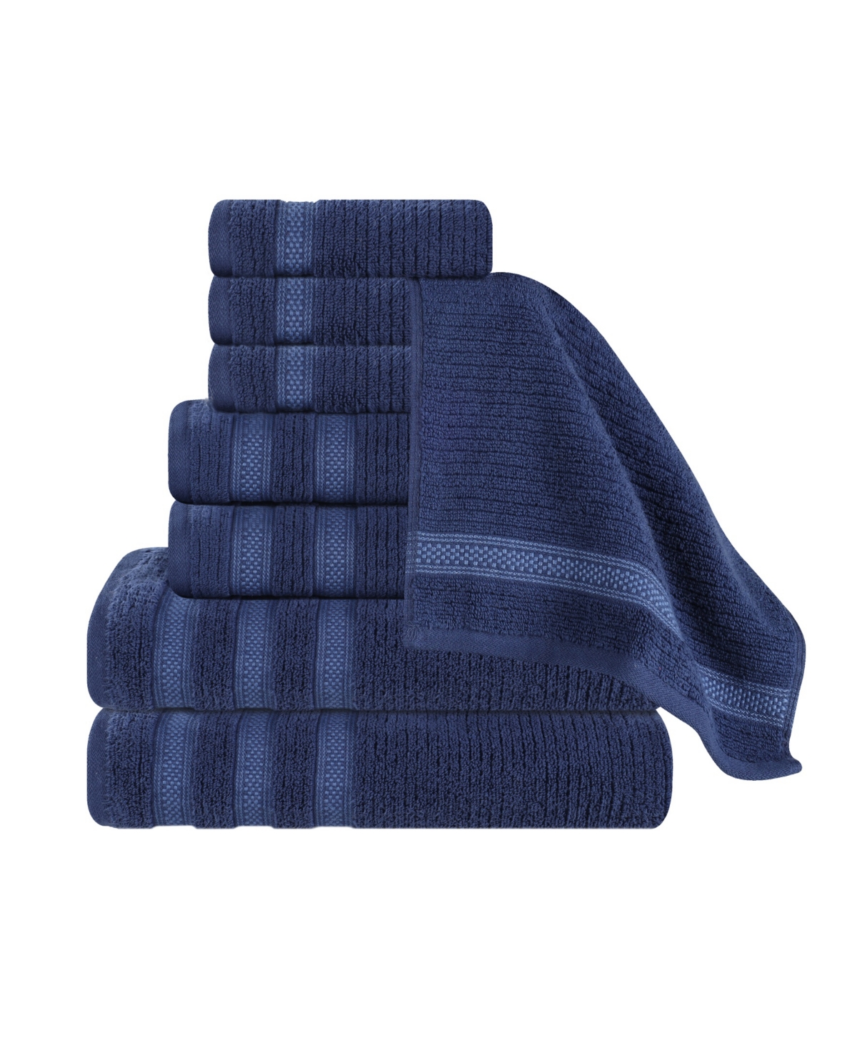 Superior Brea Zero Twist Cotton Ribbed Geometric Border Plush Soft Absorbent 8-piece Towel Set In Navy Blue